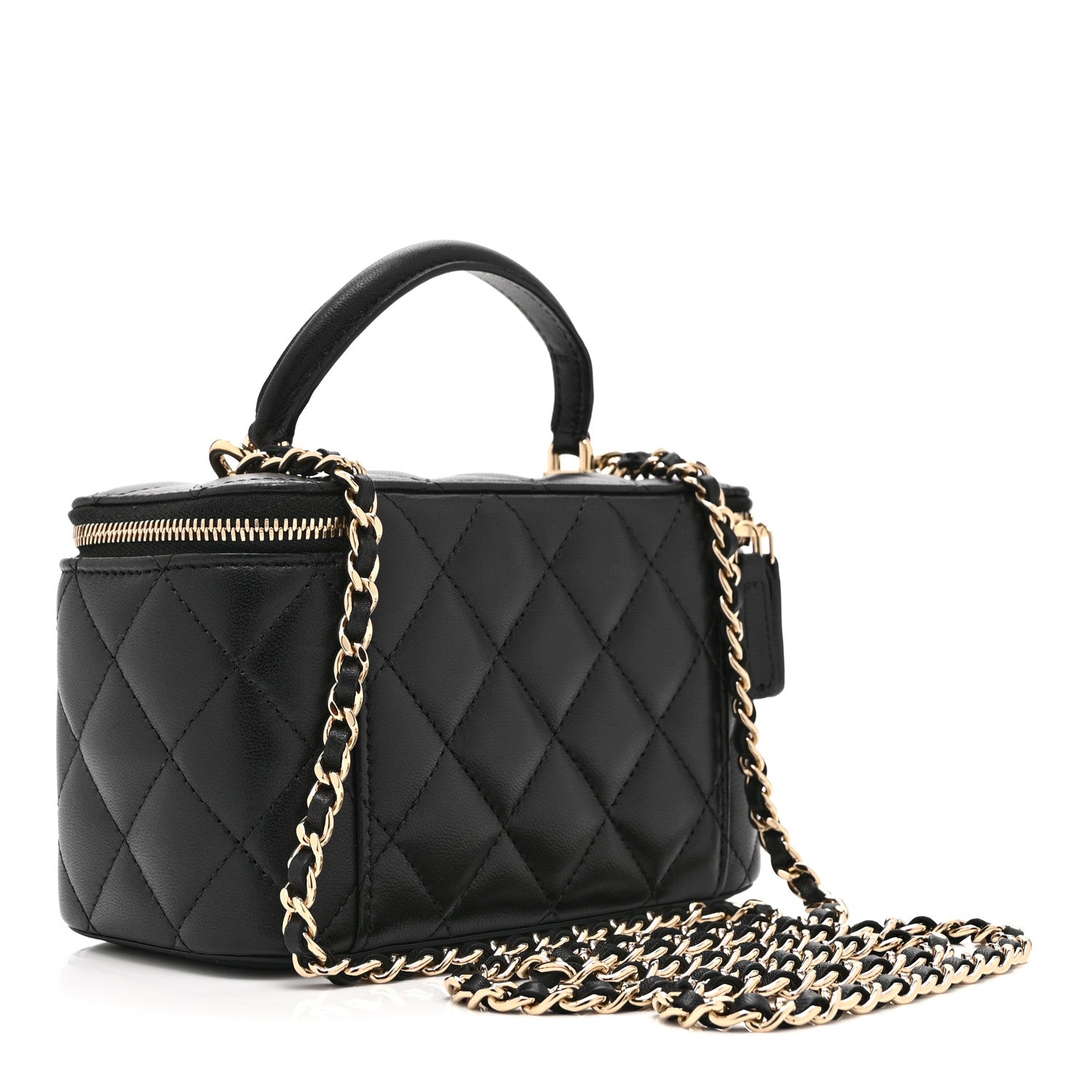 Lambskin Quilted Small Top Handle Vanity Case With Chain Black — view 3