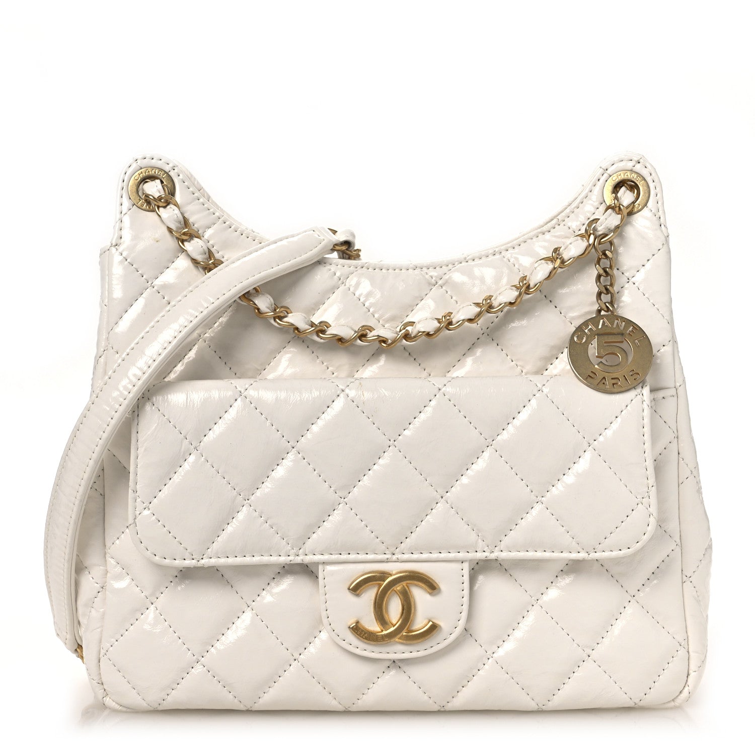 Shiny Crumpled Calfskin Quilted Wavy CC Hobo  White