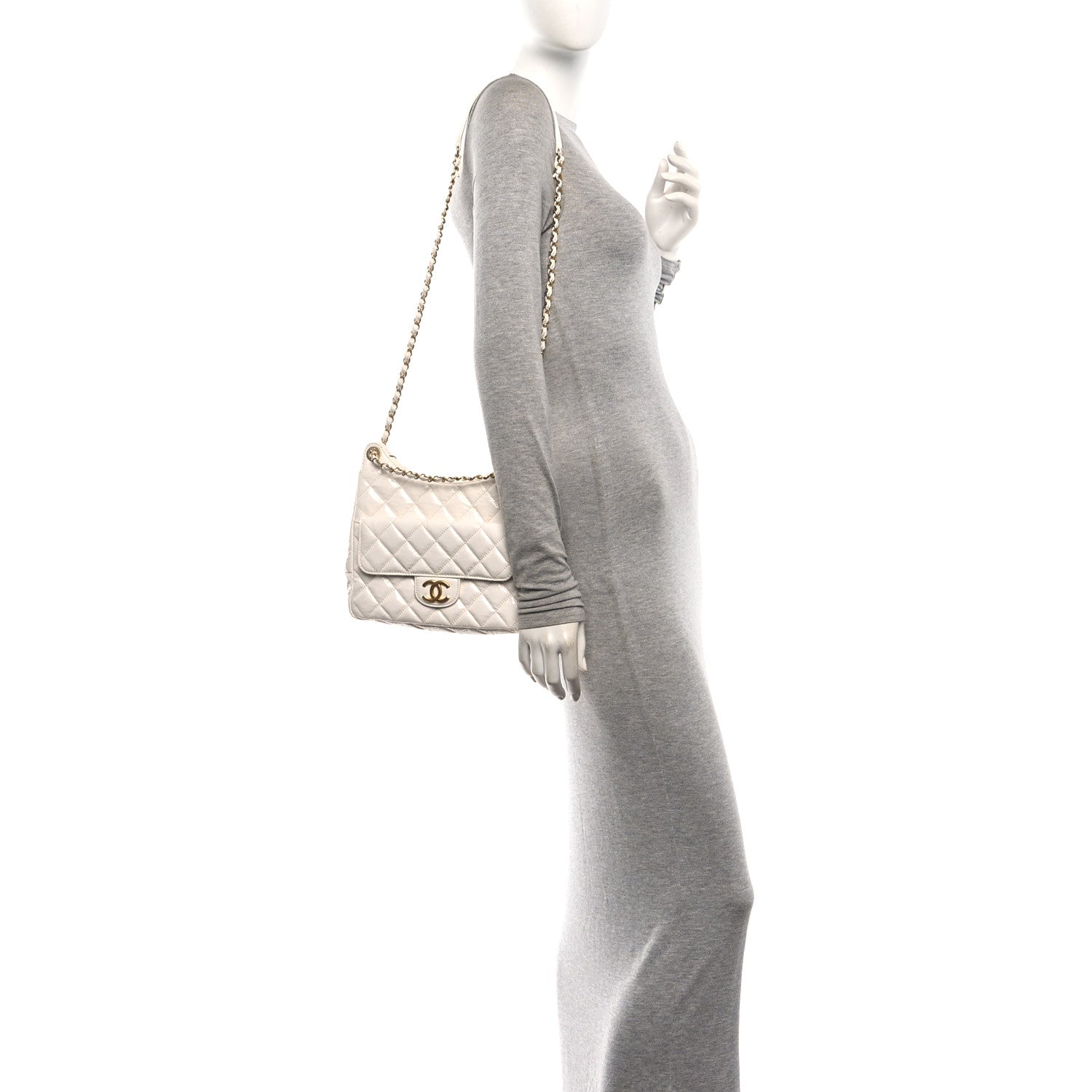 Shiny Crumpled Calfskin Quilted Wavy CC Hobo White — view 2