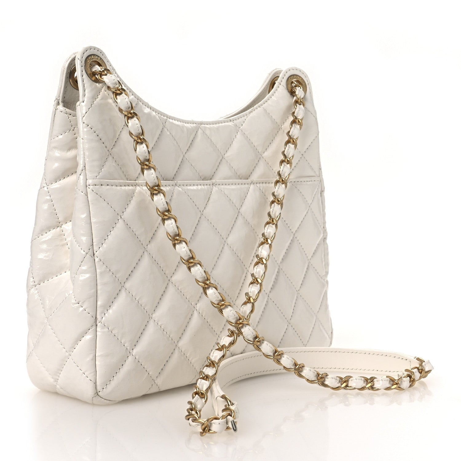Shiny Crumpled Calfskin Quilted Wavy CC Hobo White — view 3