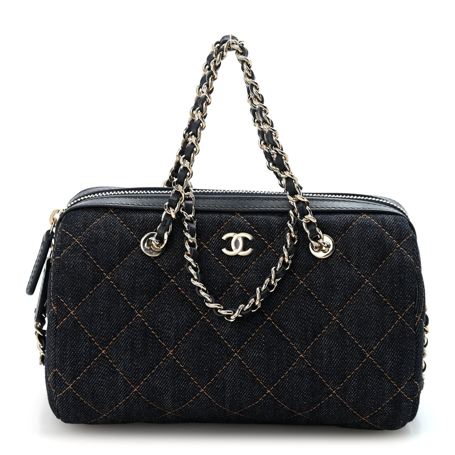 Denim Quilted Barrel Clutch With Chain Dark Blue Orange