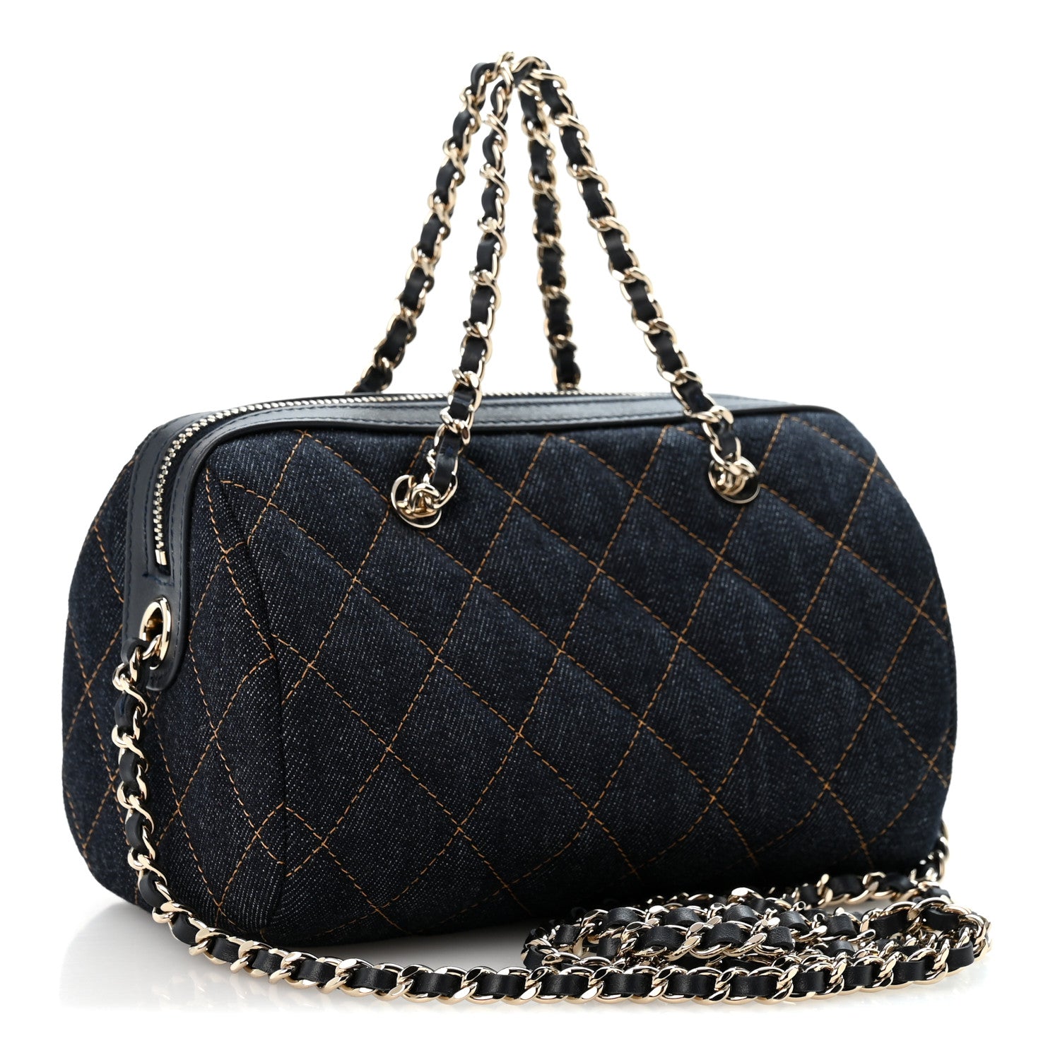 Denim Quilted Barrel Clutch With Chain Dark Blue Orange — view 3