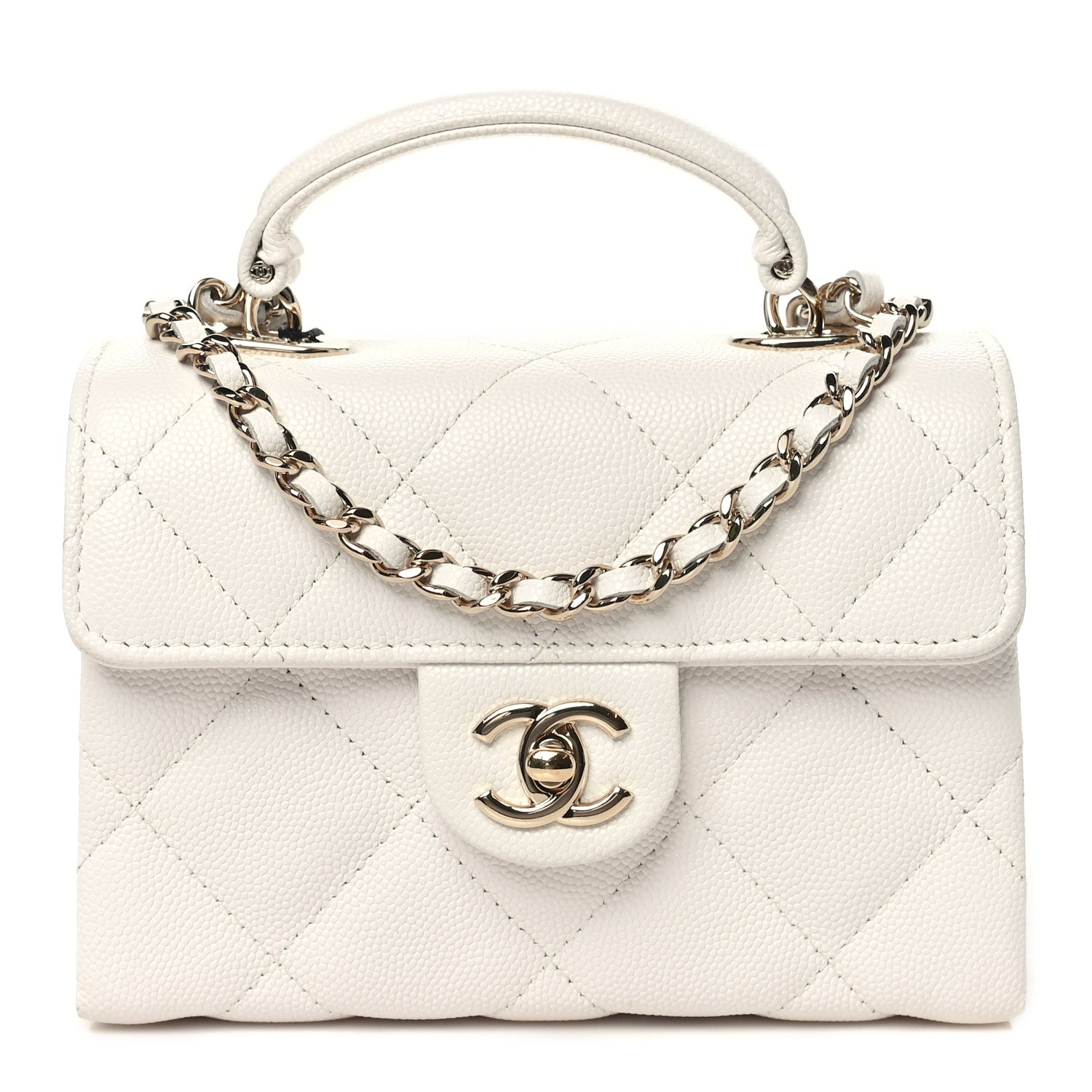 Caviar Quilted Retro Mini Twist Top Handle Clutch Flap White