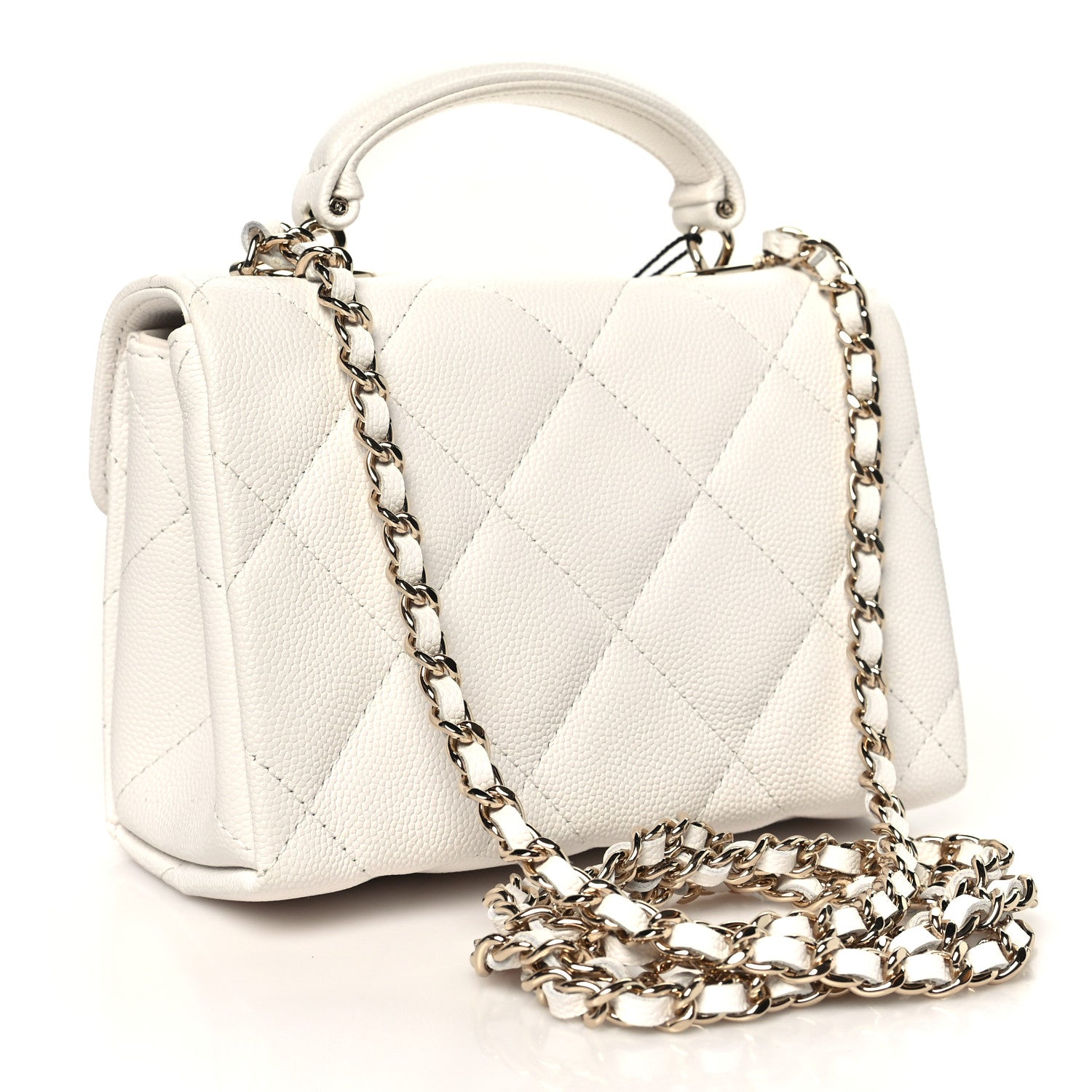 Caviar Quilted Retro Mini Twist Top Handle Clutch Flap White — view 3