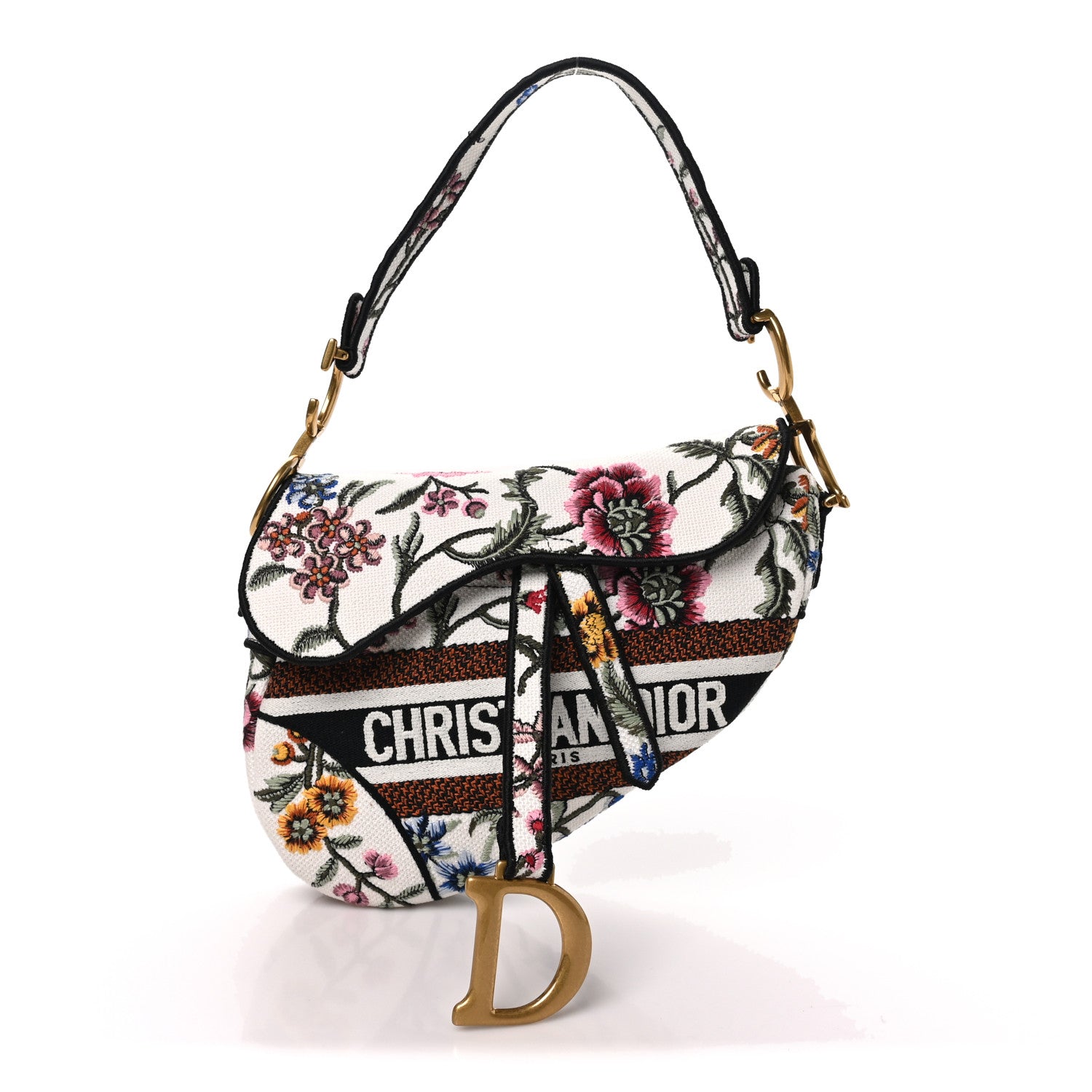 Canvas Embroidered Petites Fleurs Saddle Bag White Multicolor