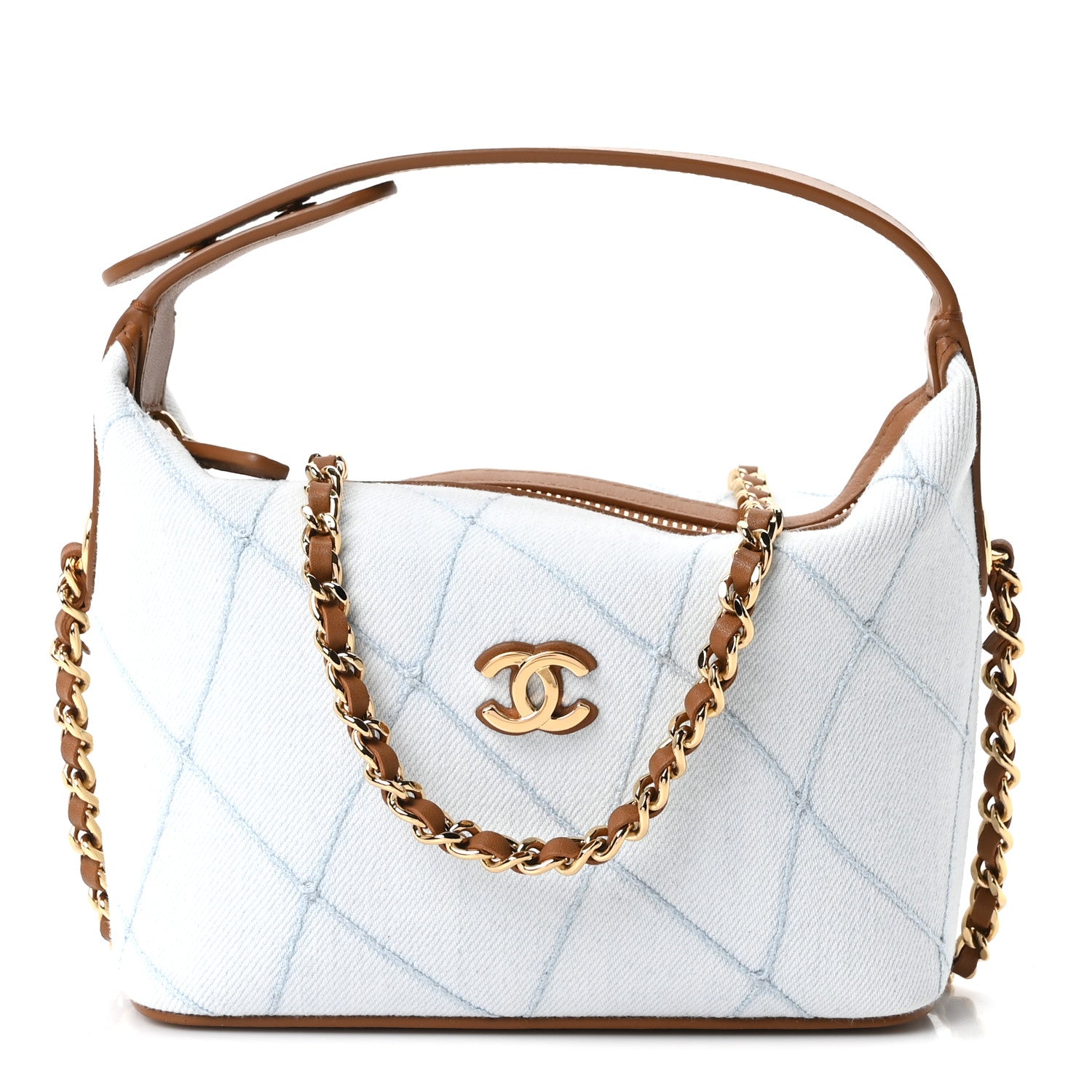 Denim Calfskin Quilted Coco Beach Top Handle Long Vanity Blue Brown — view 2
