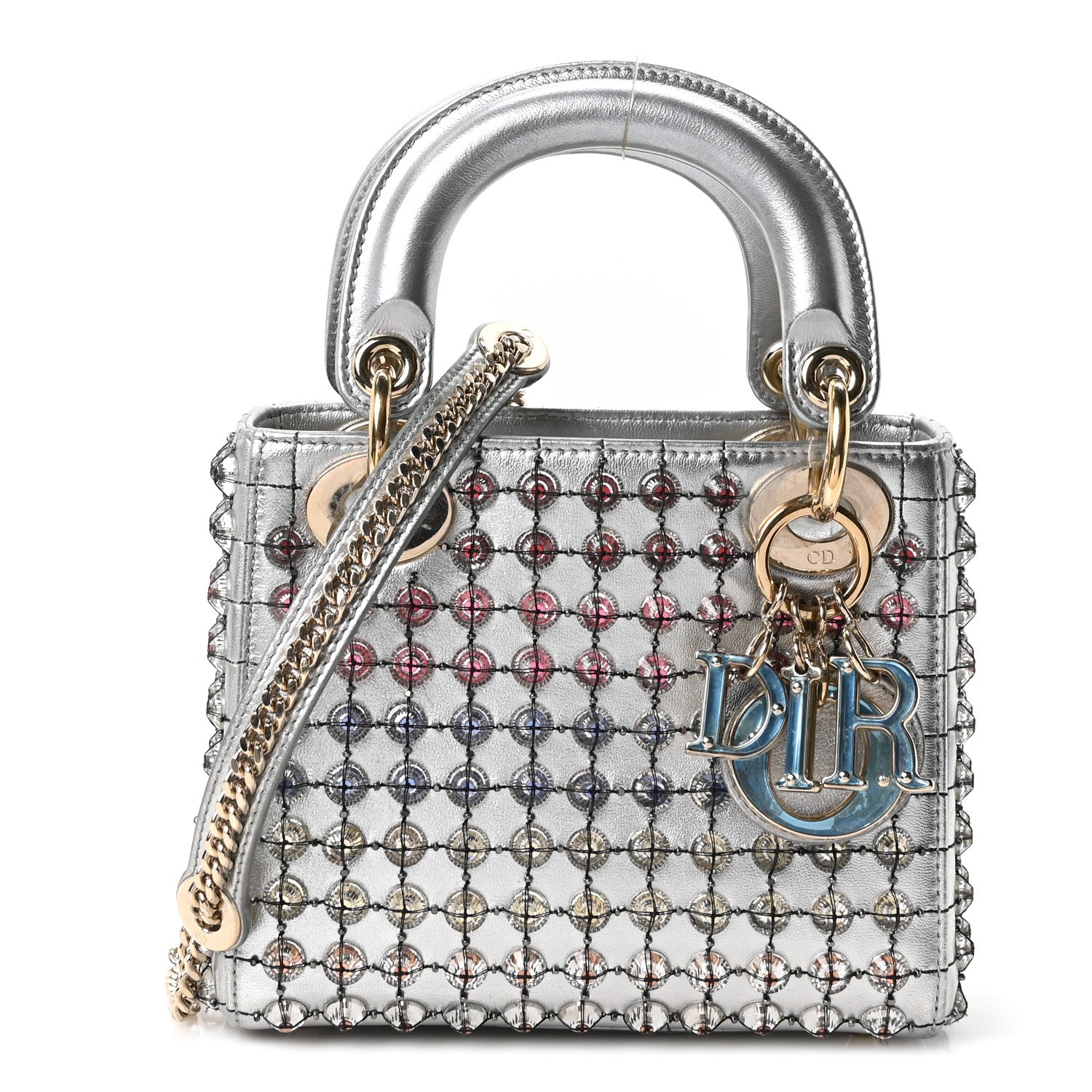 Metallic Calfskin Satin Celestial Bead Embroidery Cannage Mini Lady Dior Silver — view 2