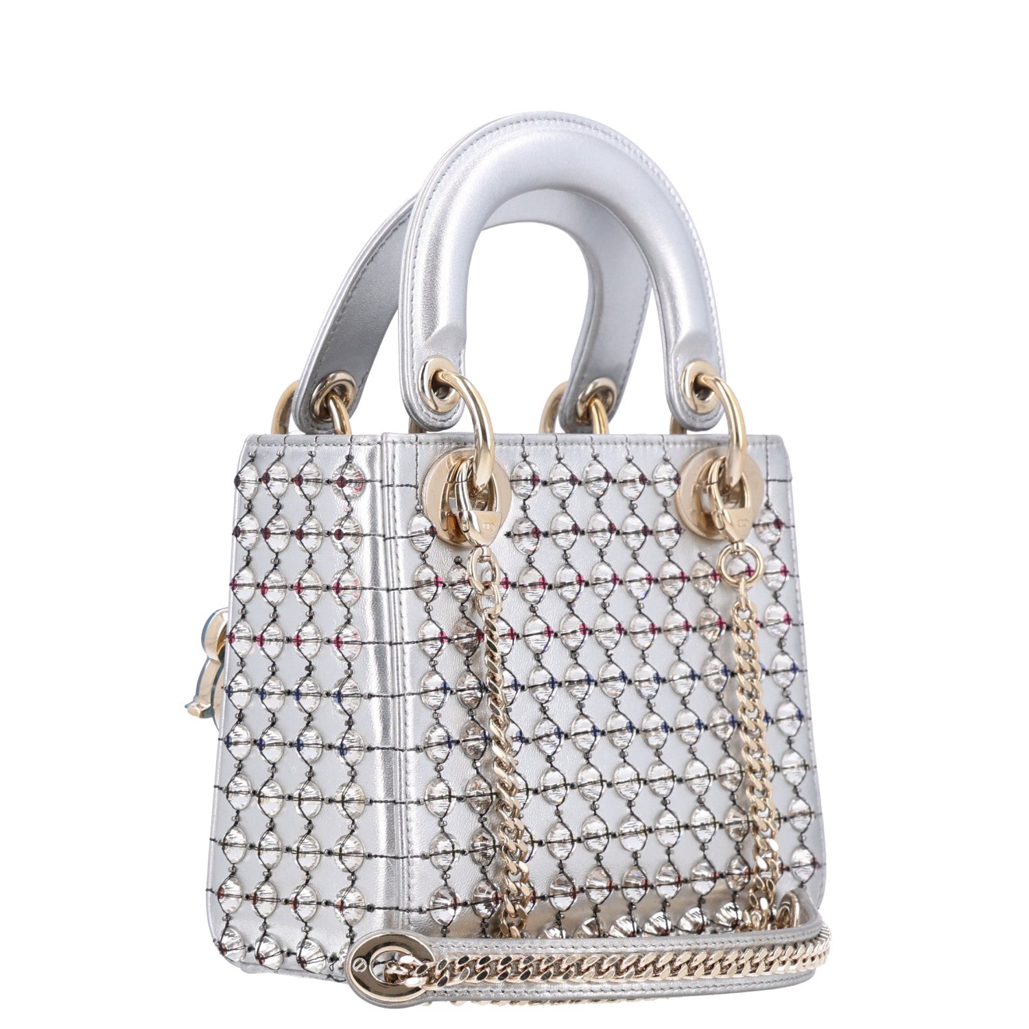 Metallic Calfskin Satin Celestial Bead Embroidery Cannage Mini Lady Dior Silver — view 3