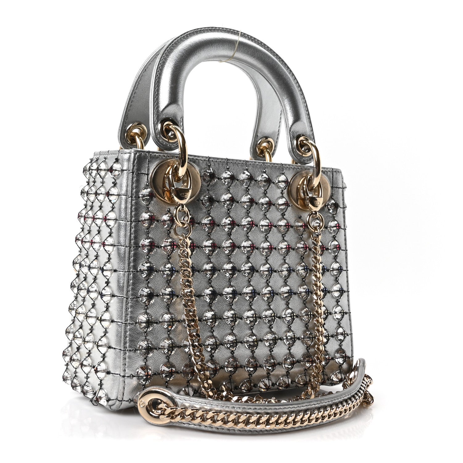 Metallic Calfskin Satin Celestial Bead Embroidery Cannage Mini Lady Dior Silver — view 4