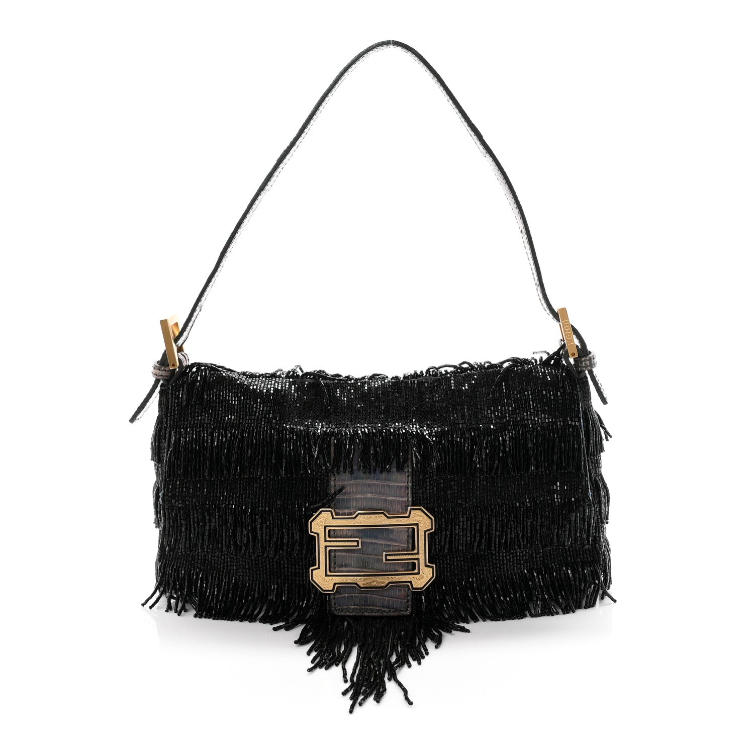Iridescent Lizard Beaded Fringe Baguette Black