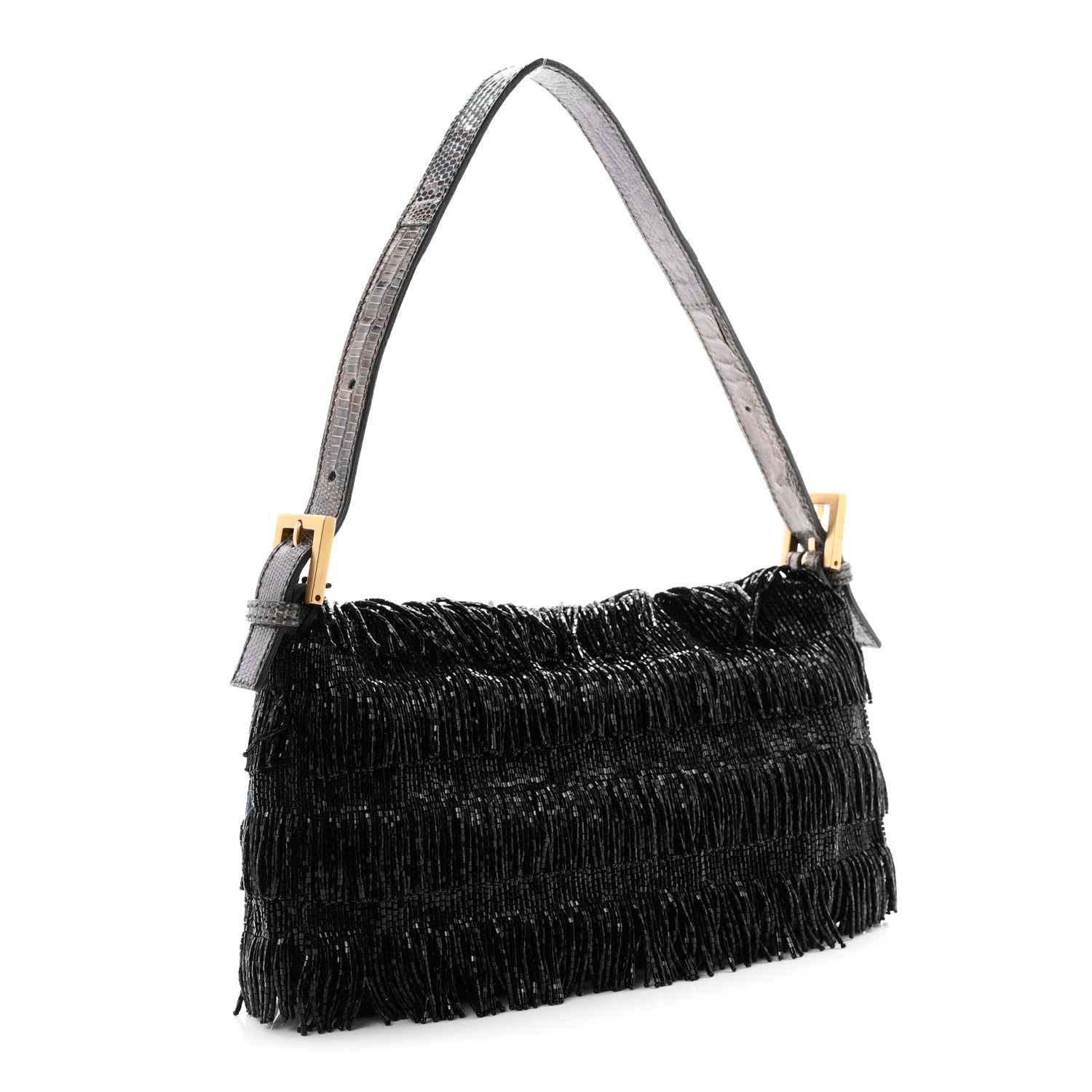 Iridescent Lizard Beaded Fringe Baguette Black — view 3