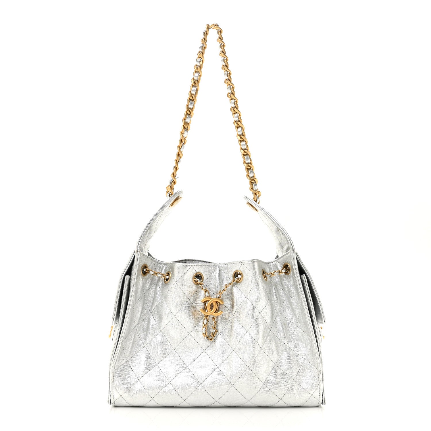 Metallic Caviar Quilted Small Chanel 25 Handbag Silver
