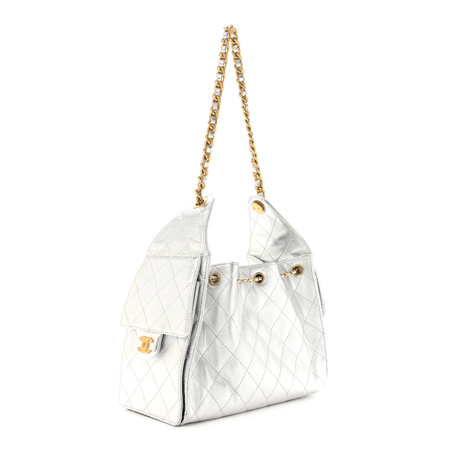 Metallic Caviar Quilted Small Chanel 25 Handbag Silver — view 3