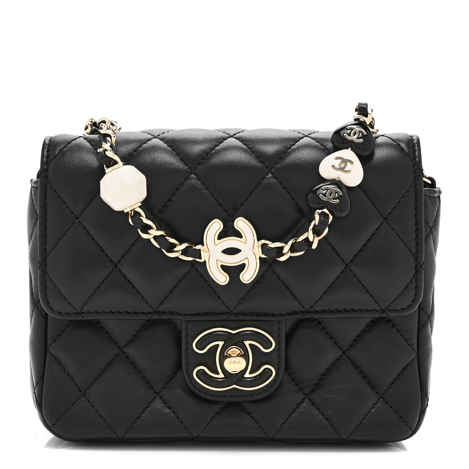 Lambskin Resin Quilted Mini Heart Square Flap Black