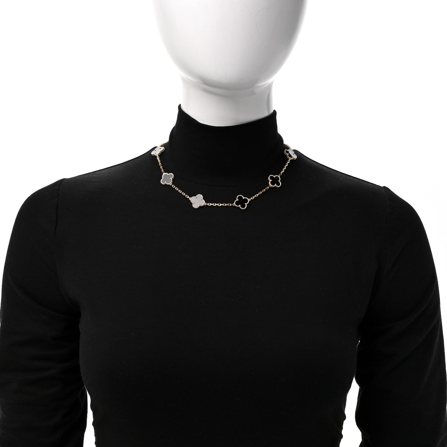 18K Yellow Gold Black Onyx 10 Motifs Vintage Alhambra Necklace — view 2