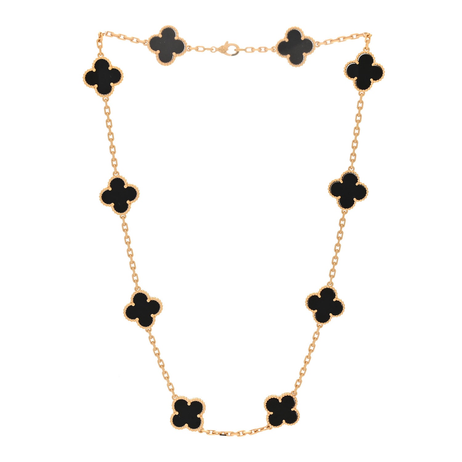 18K Yellow Gold Black Onyx 10 Motifs Vintage Alhambra Necklace — view 3