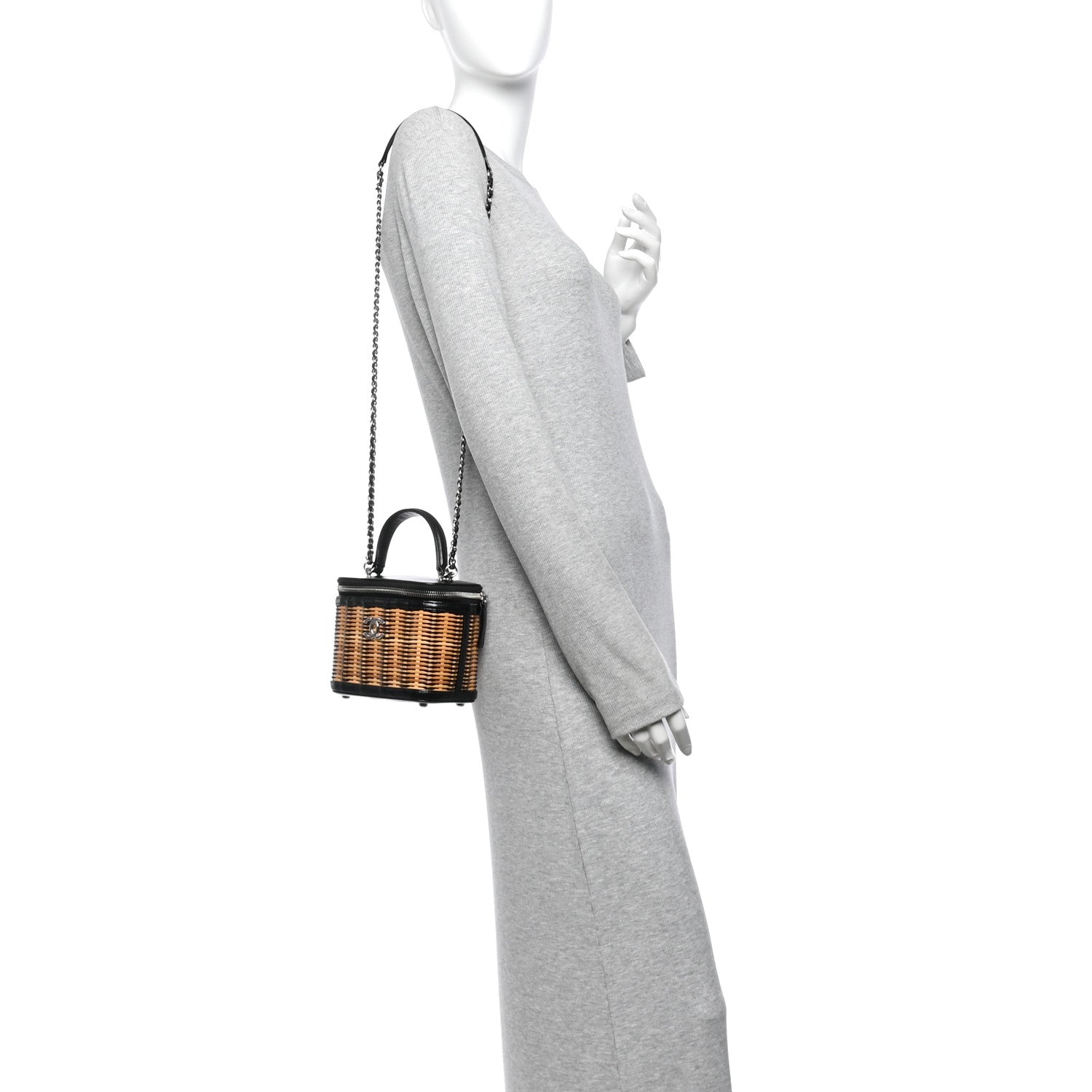 Calfskin Raffia Small Vanity Case Bag Black Beige — view 2