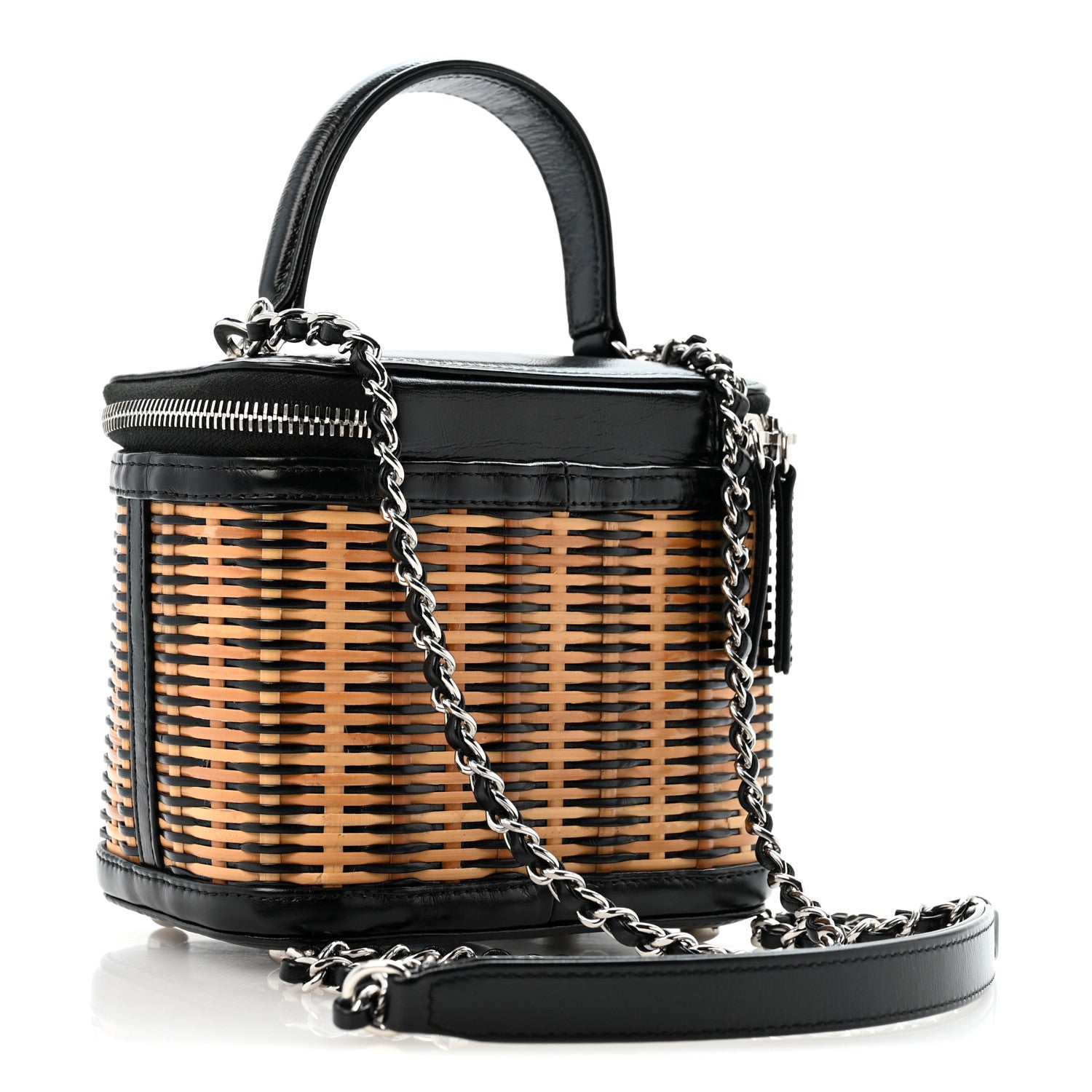 Calfskin Raffia Small Vanity Case Bag Black Beige — view 3