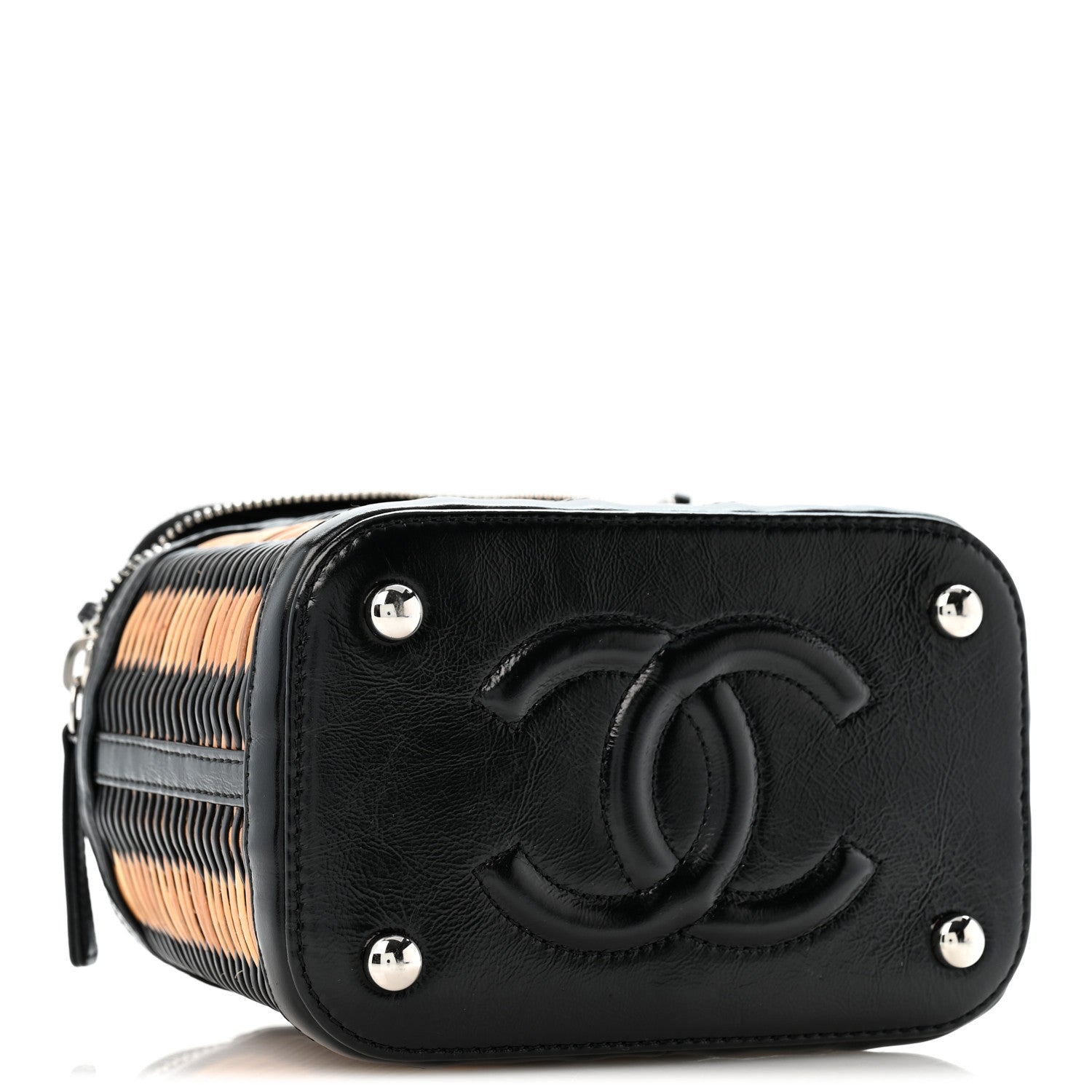 Calfskin Raffia Small Vanity Case Bag Black Beige — view 4