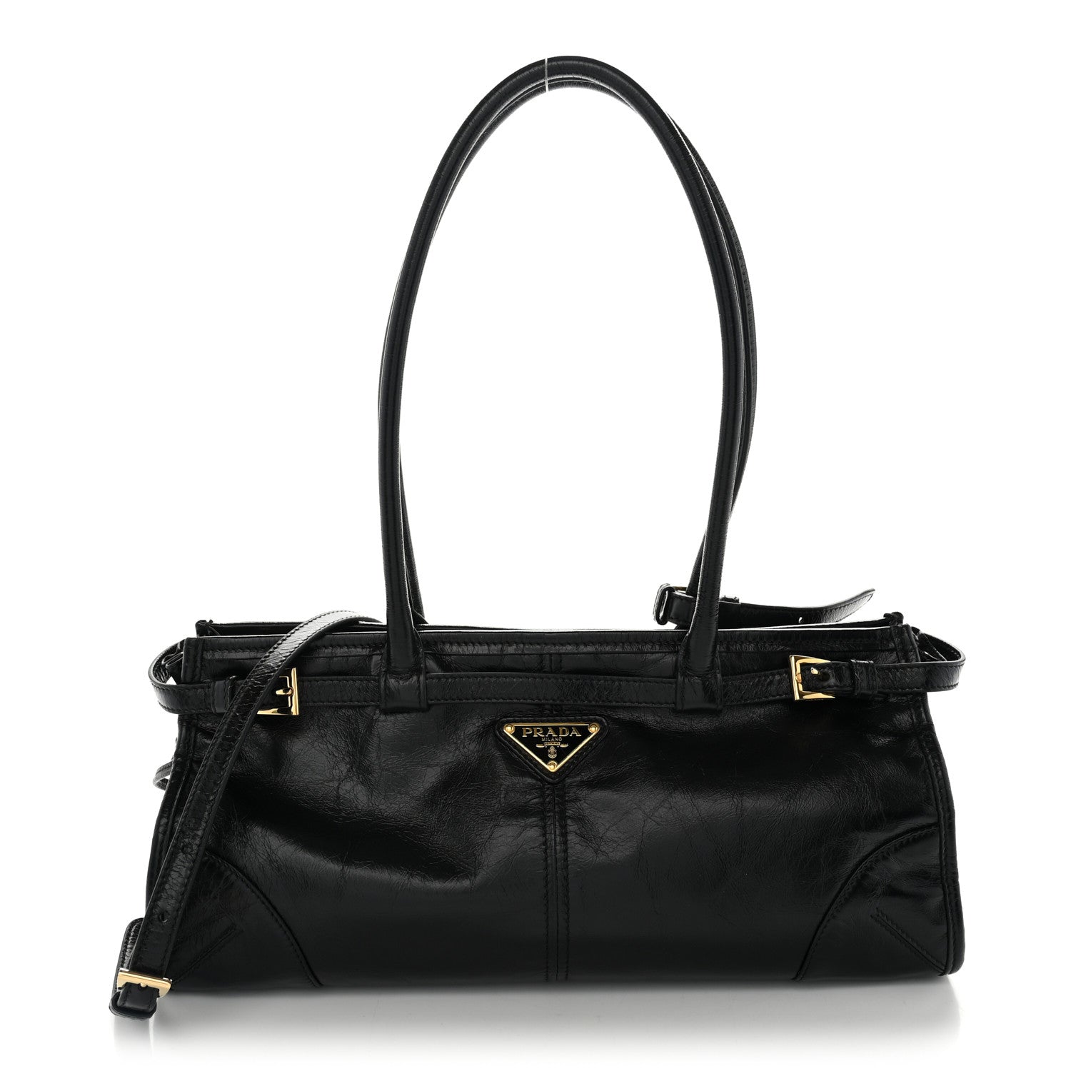 Glossy Calfskin Triangle Medium Bonnie Shoulder Bag Black