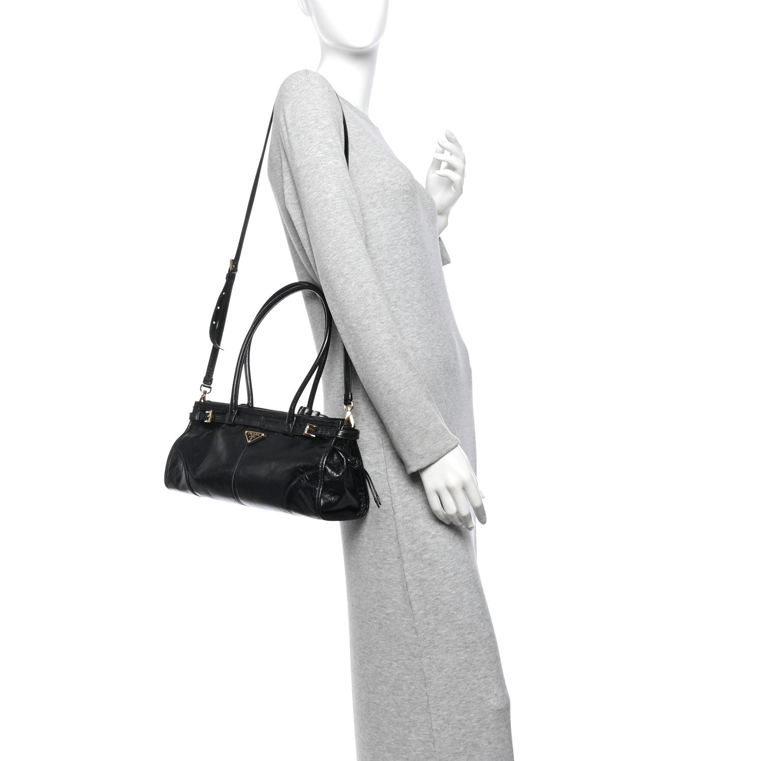 Glossy Calfskin Triangle Medium Bonnie Shoulder Bag Black — view 2