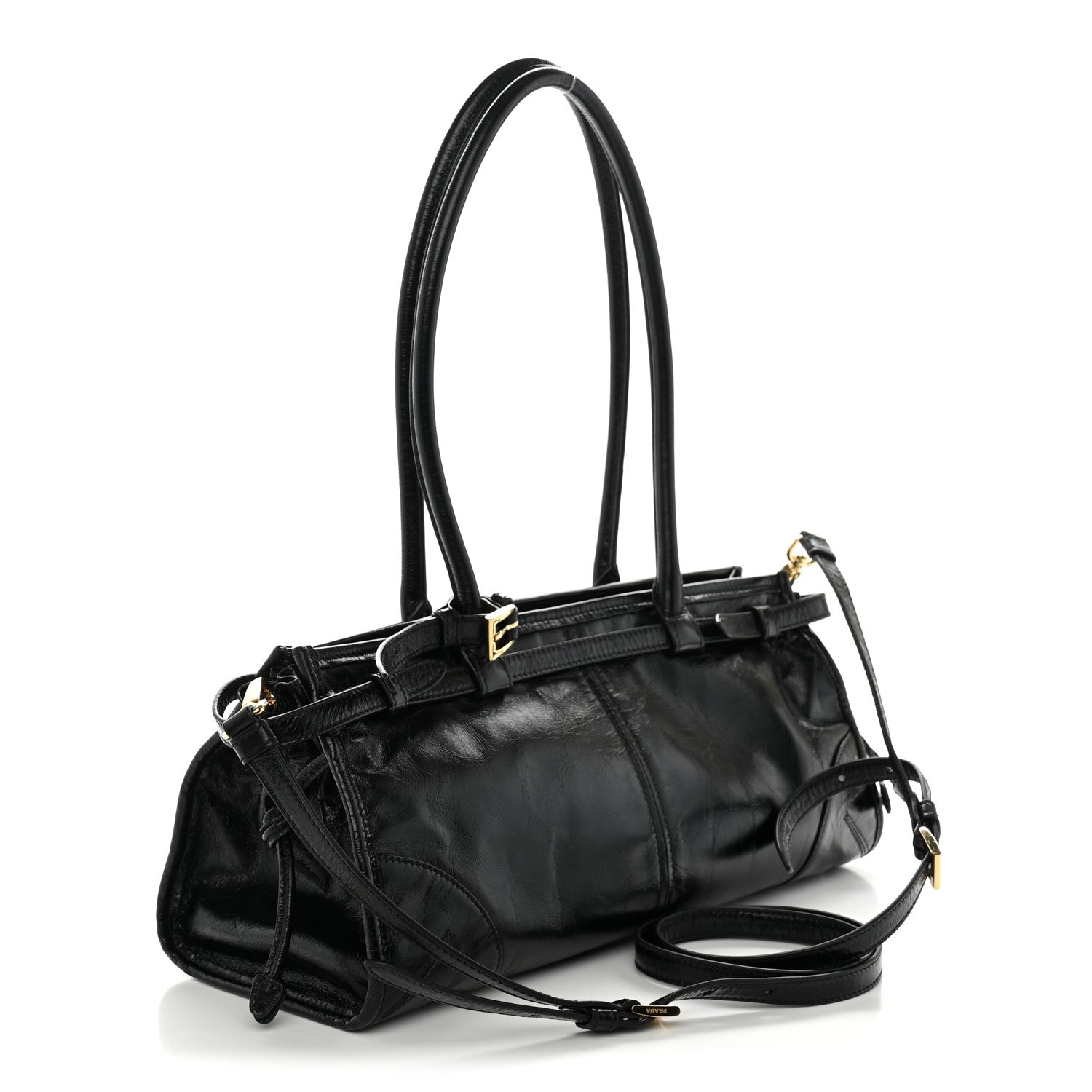 Glossy Calfskin Triangle Medium Bonnie Shoulder Bag Black — view 3