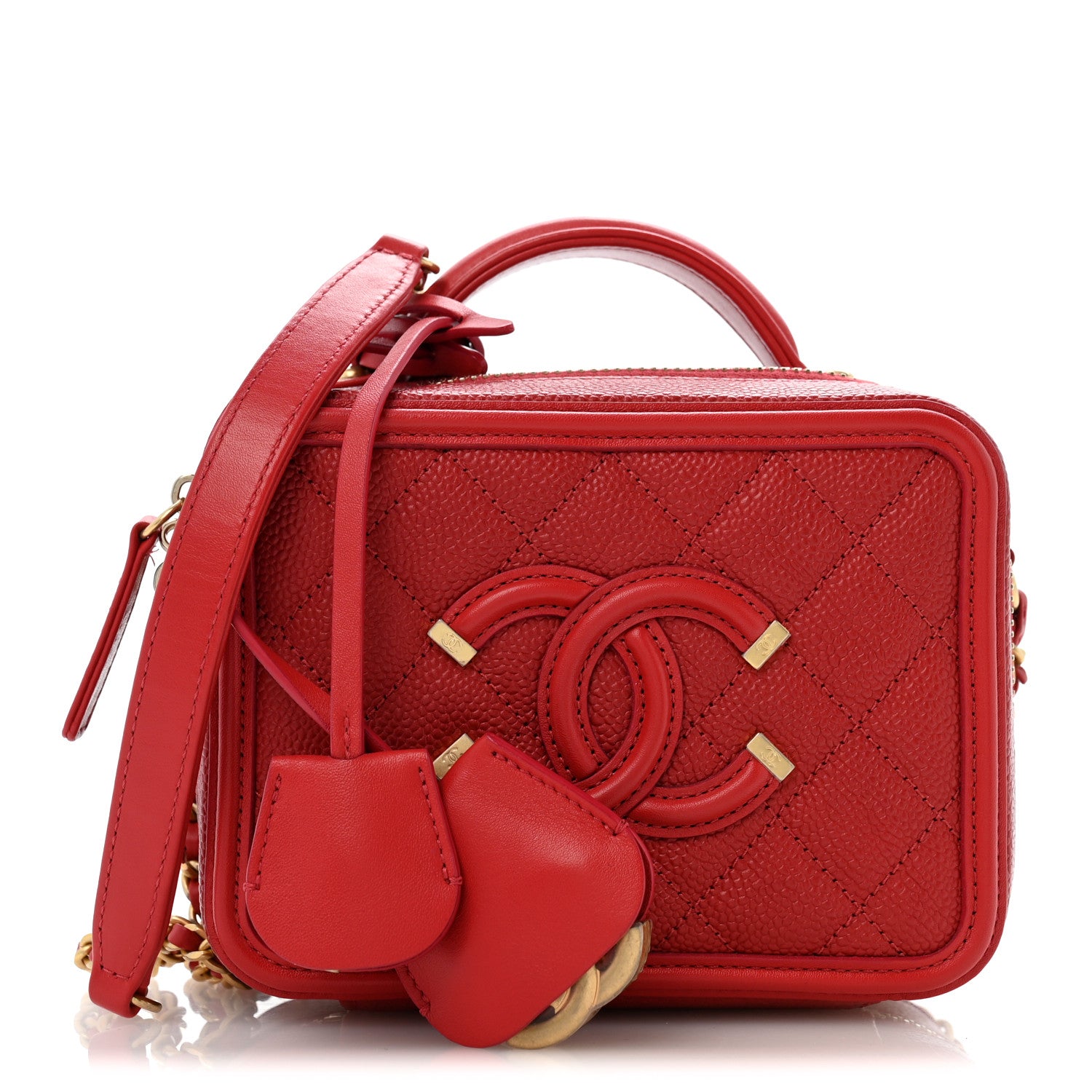 Caviar Quilted Small CC Filigree Vanity Case Red