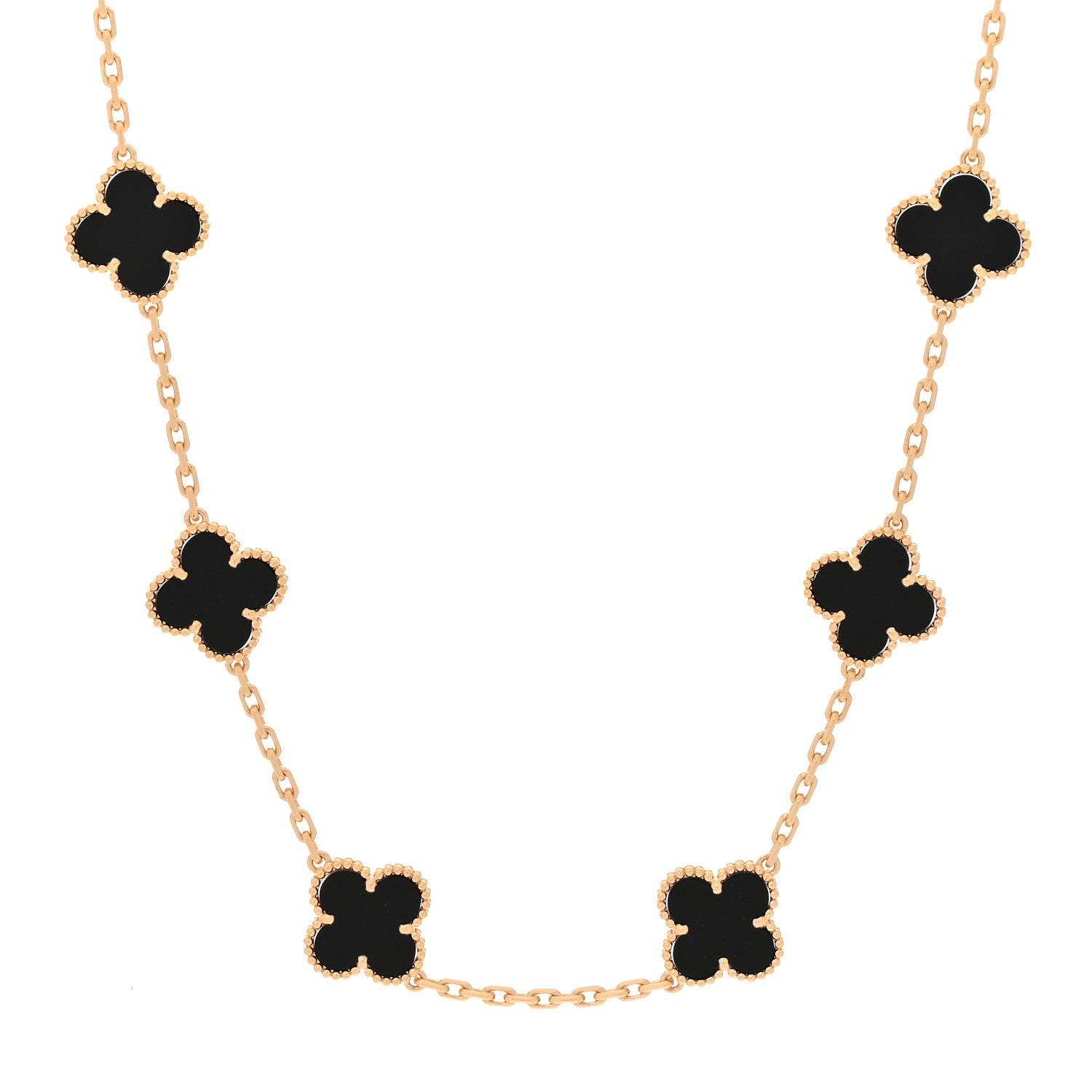 18K Yellow Gold Black Onyx 10 Motifs Vintage Alhambra Necklace