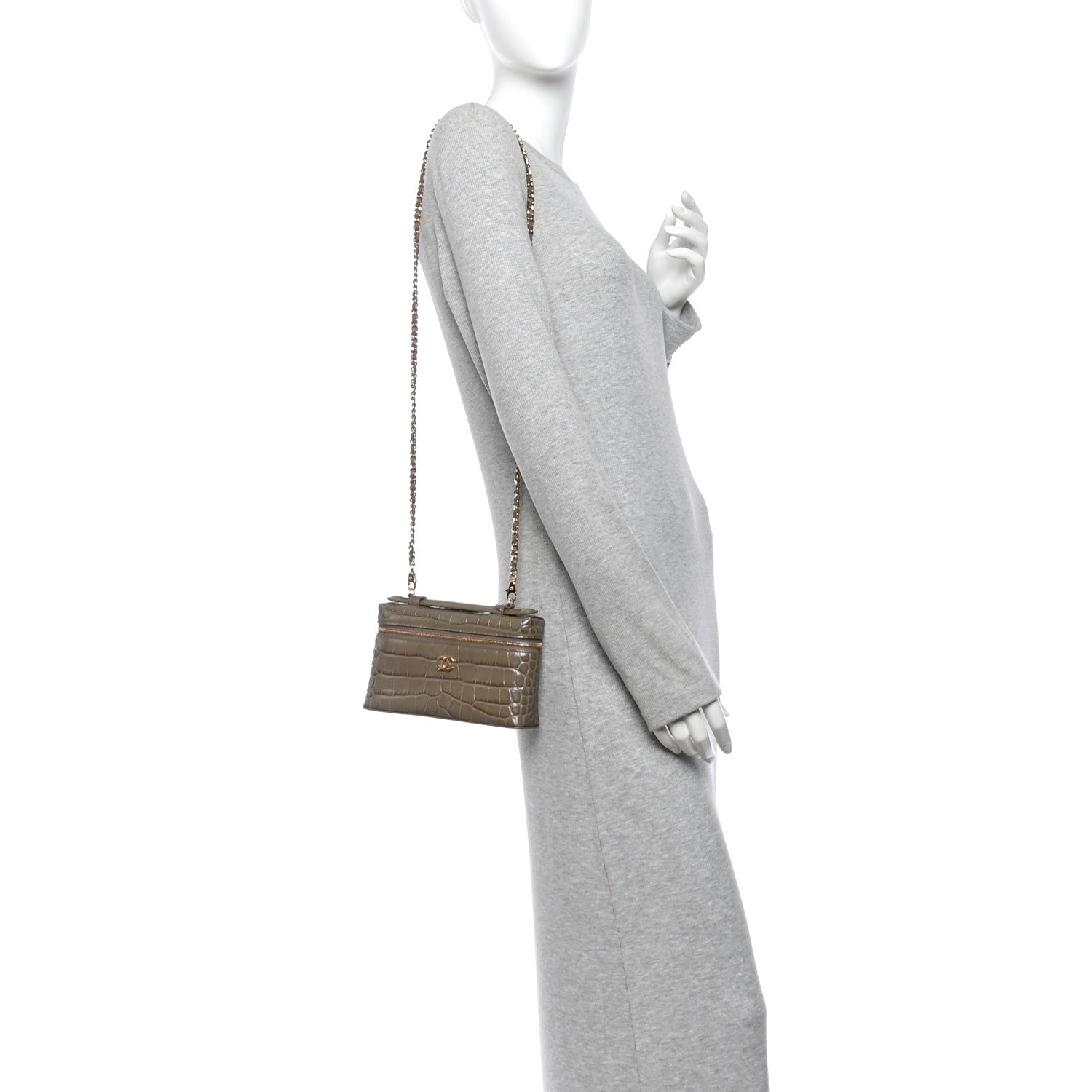 Calfskin Crocodile Embossed Top Handle Trapeze Small Vanity Case With Chain Dark Khaki — view 2