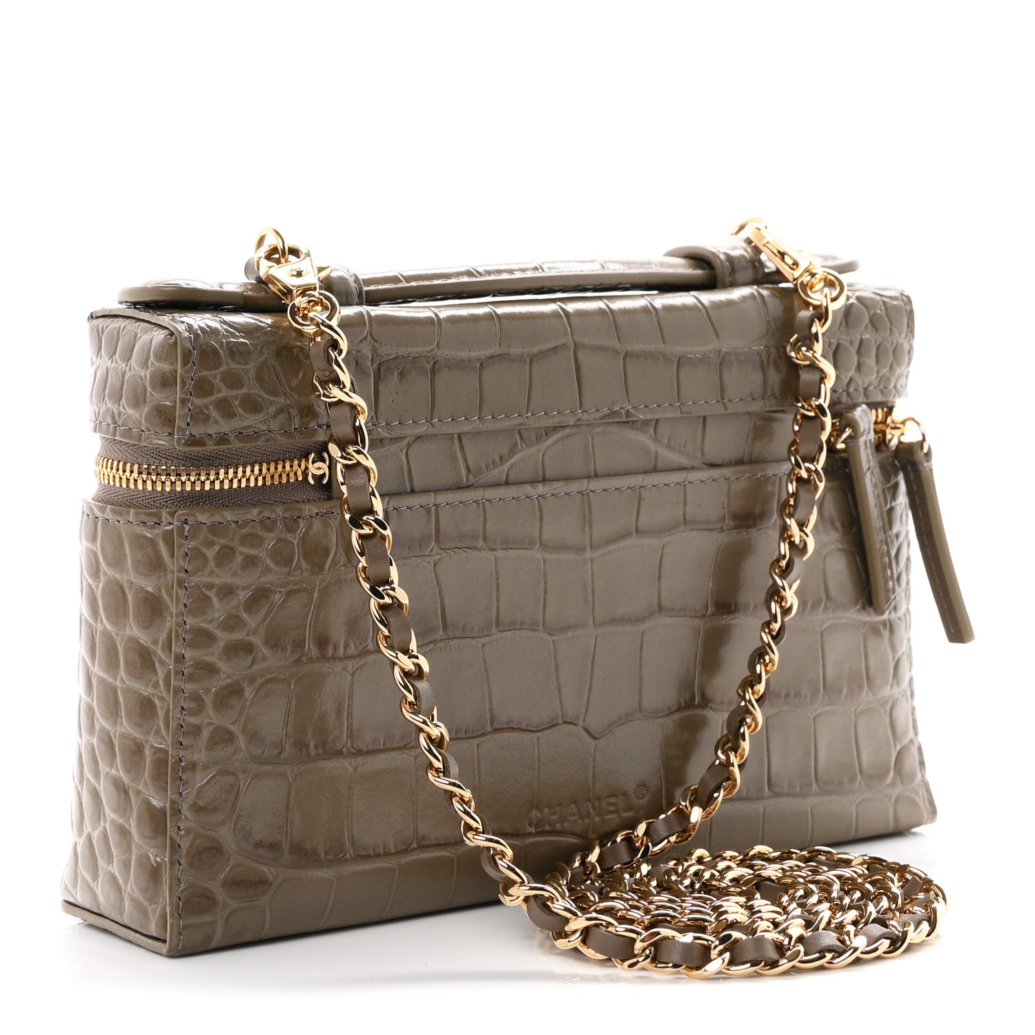 Calfskin Crocodile Embossed Top Handle Trapeze Small Vanity Case With Chain Dark Khaki — view 3