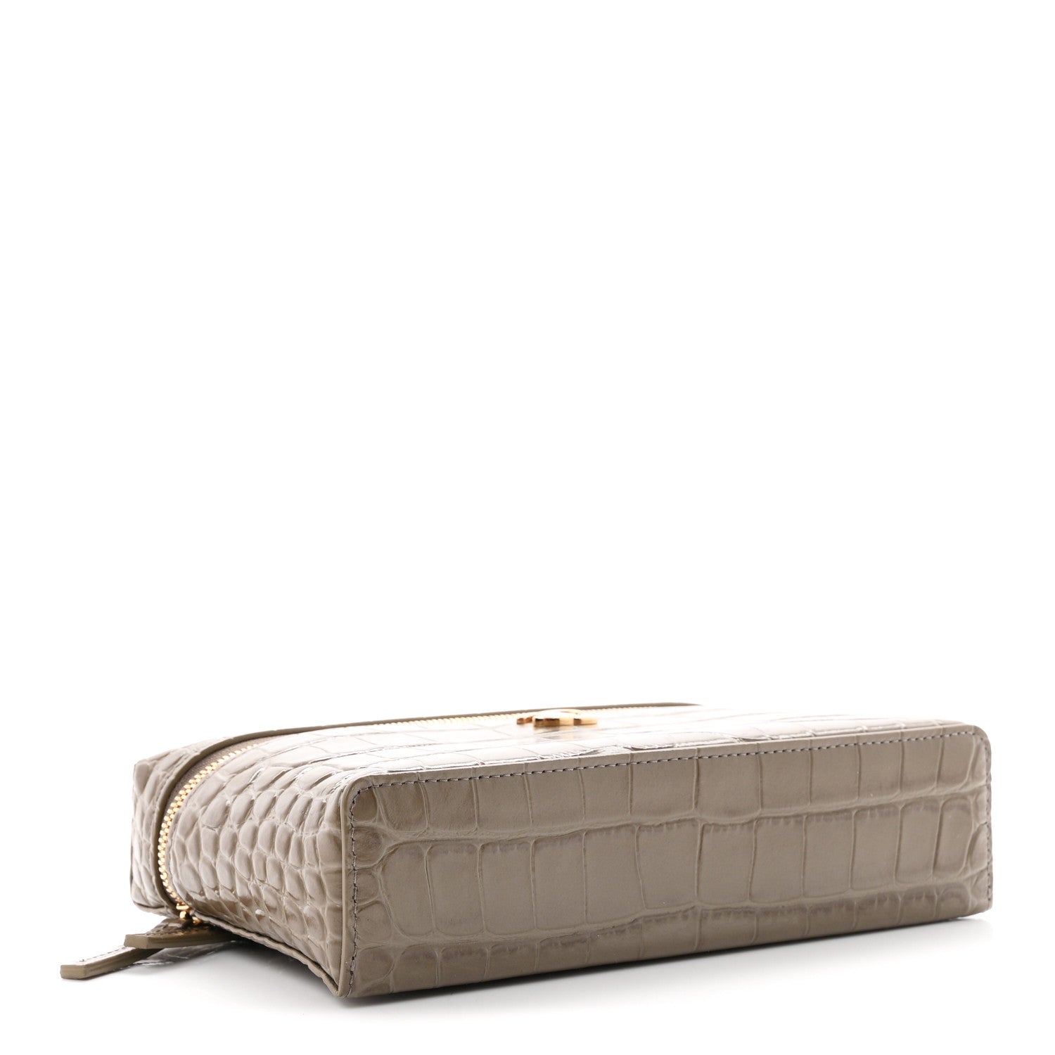 Calfskin Crocodile Embossed Top Handle Trapeze Small Vanity Case With Chain Dark Khaki — view 4