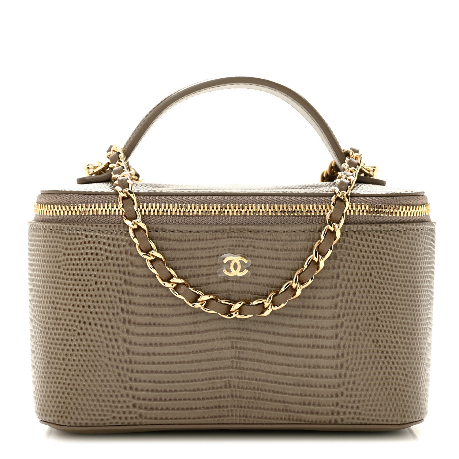 Calfskin Lizard Embossed Top Handle Vanity With Chain Dark Khaki