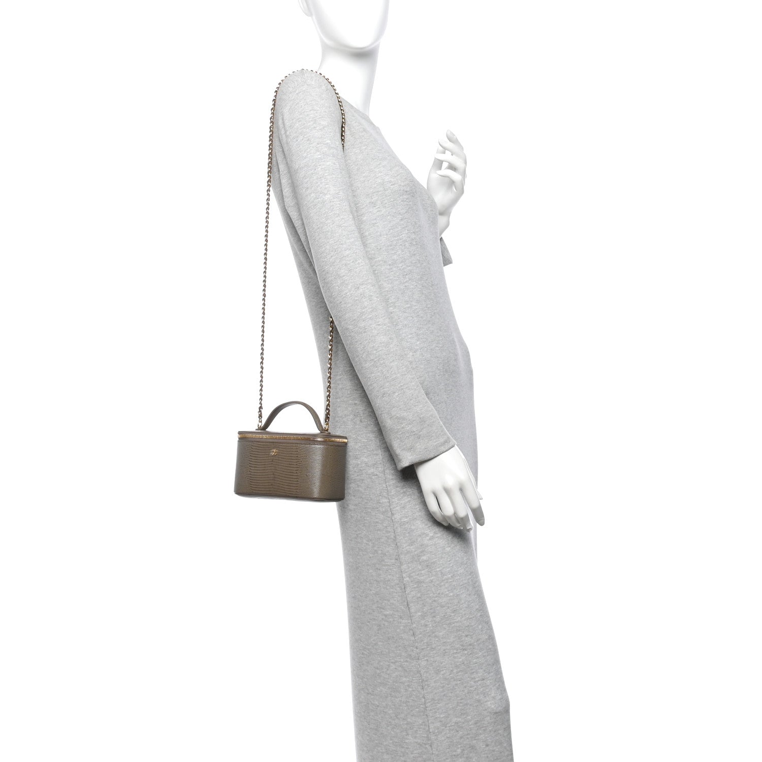 Calfskin Lizard Embossed Top Handle Vanity With Chain Dark Khaki — view 2