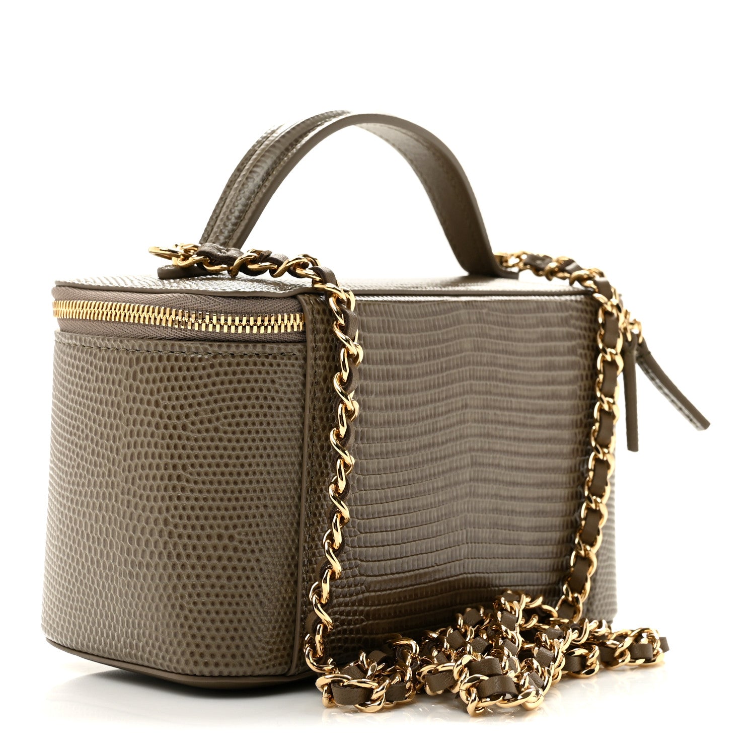 Calfskin Lizard Embossed Top Handle Vanity With Chain Dark Khaki — view 3