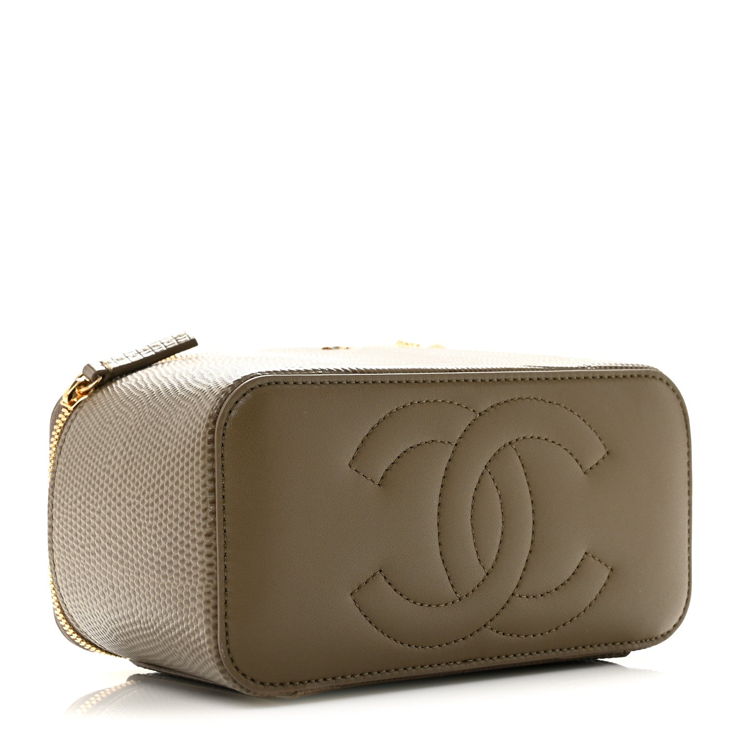 Calfskin Lizard Embossed Top Handle Vanity With Chain Dark Khaki — view 4