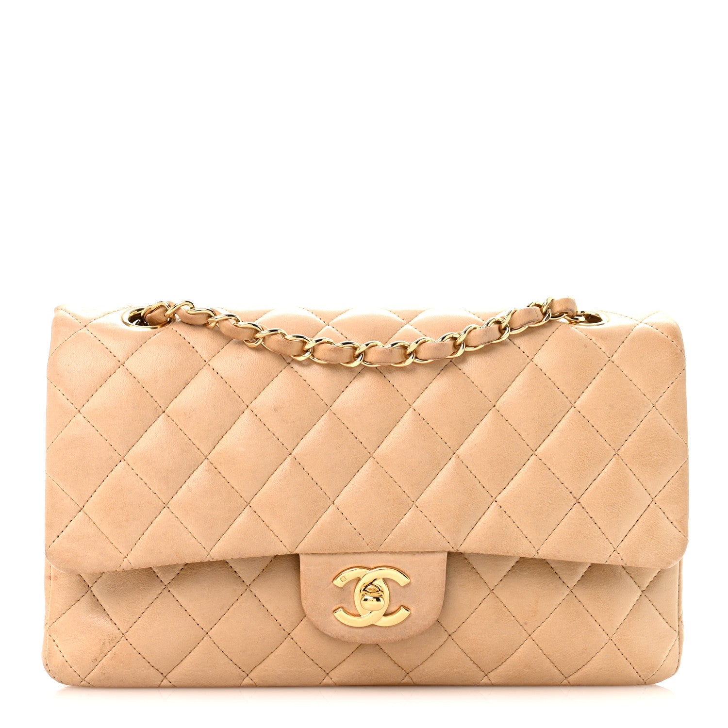 Lambskin Quilted Medium Double Flap Beige