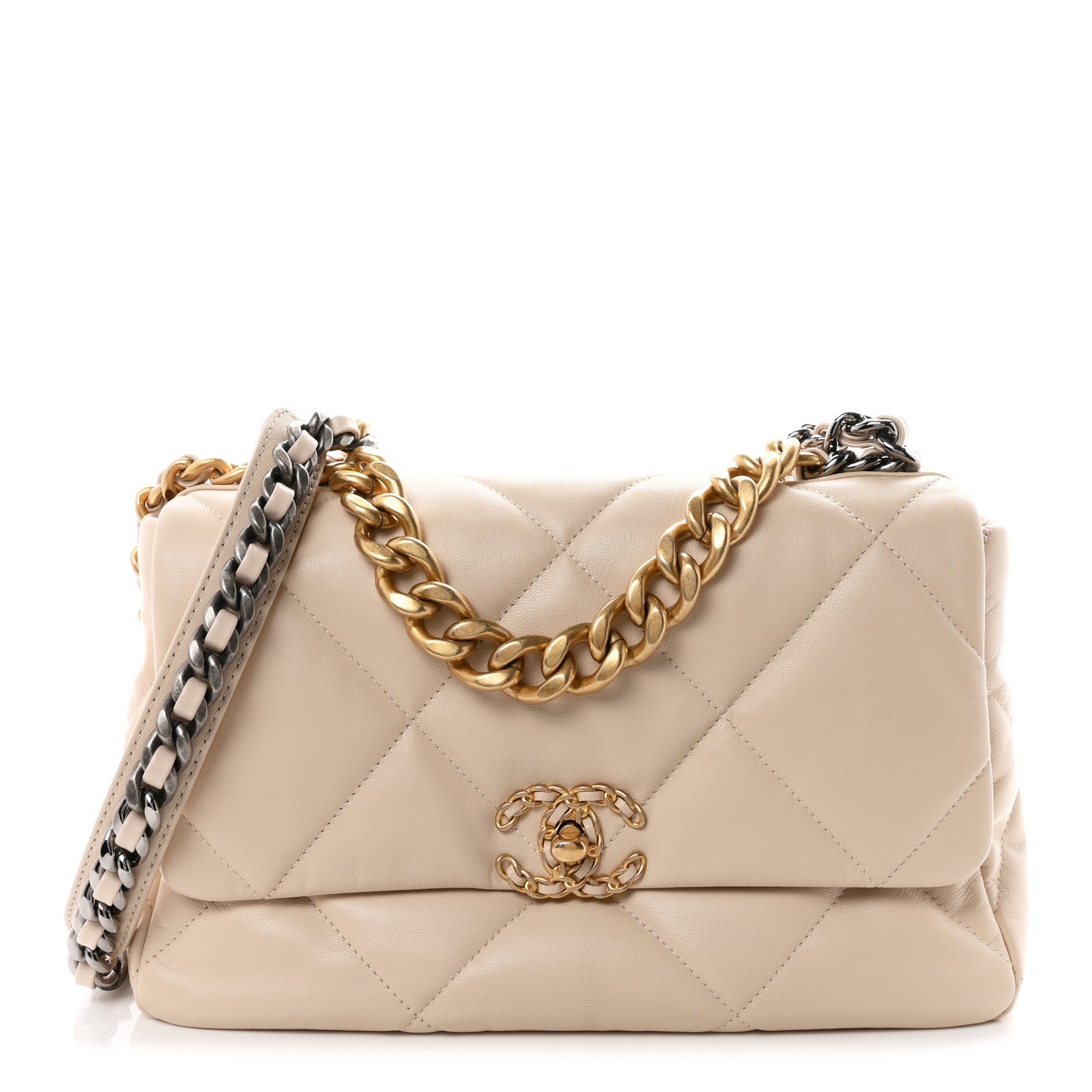 Goatskin Quilted Large Chanel 19 Flap Beige