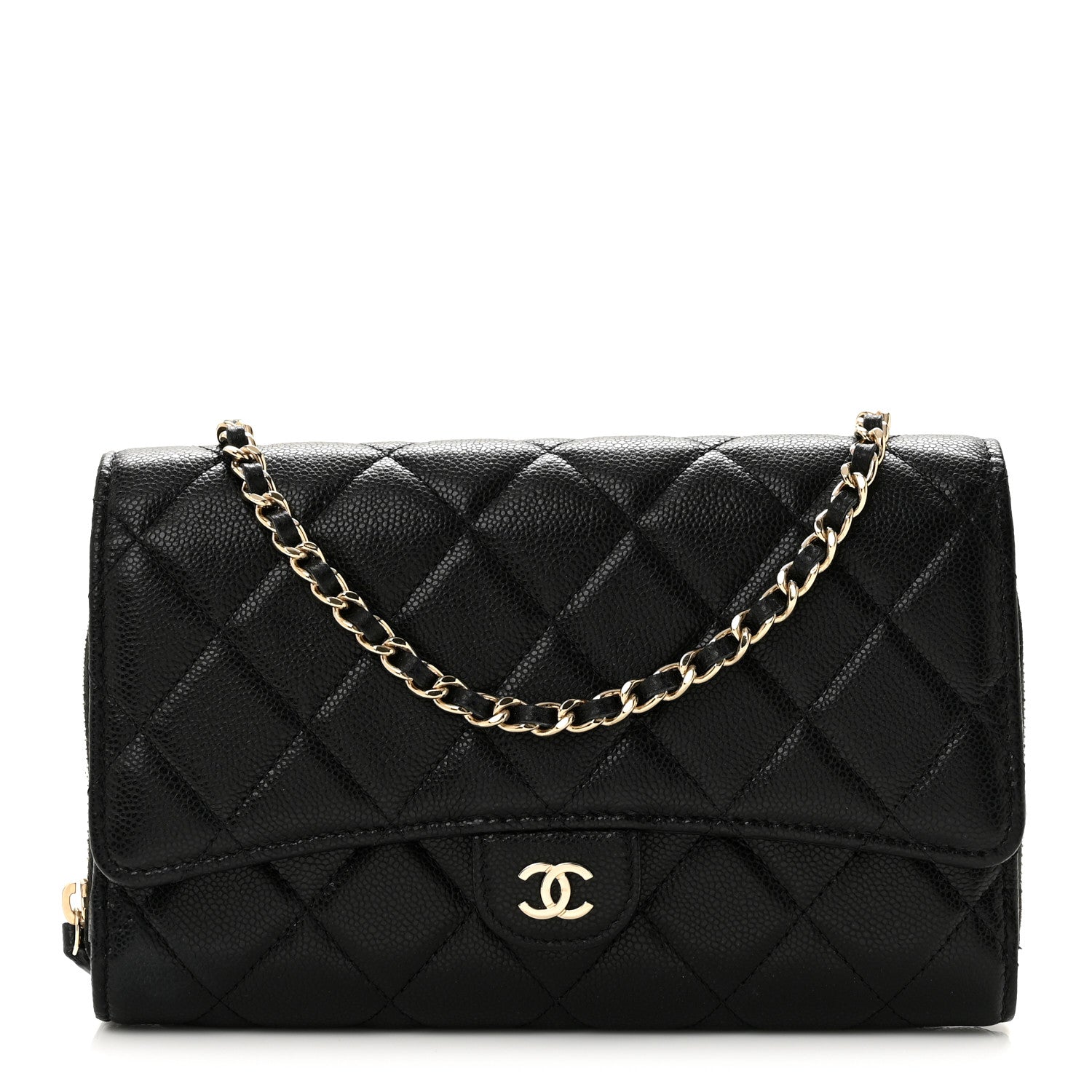 Caviar Quilted Phone Holder Wallet on Removable Chain Black