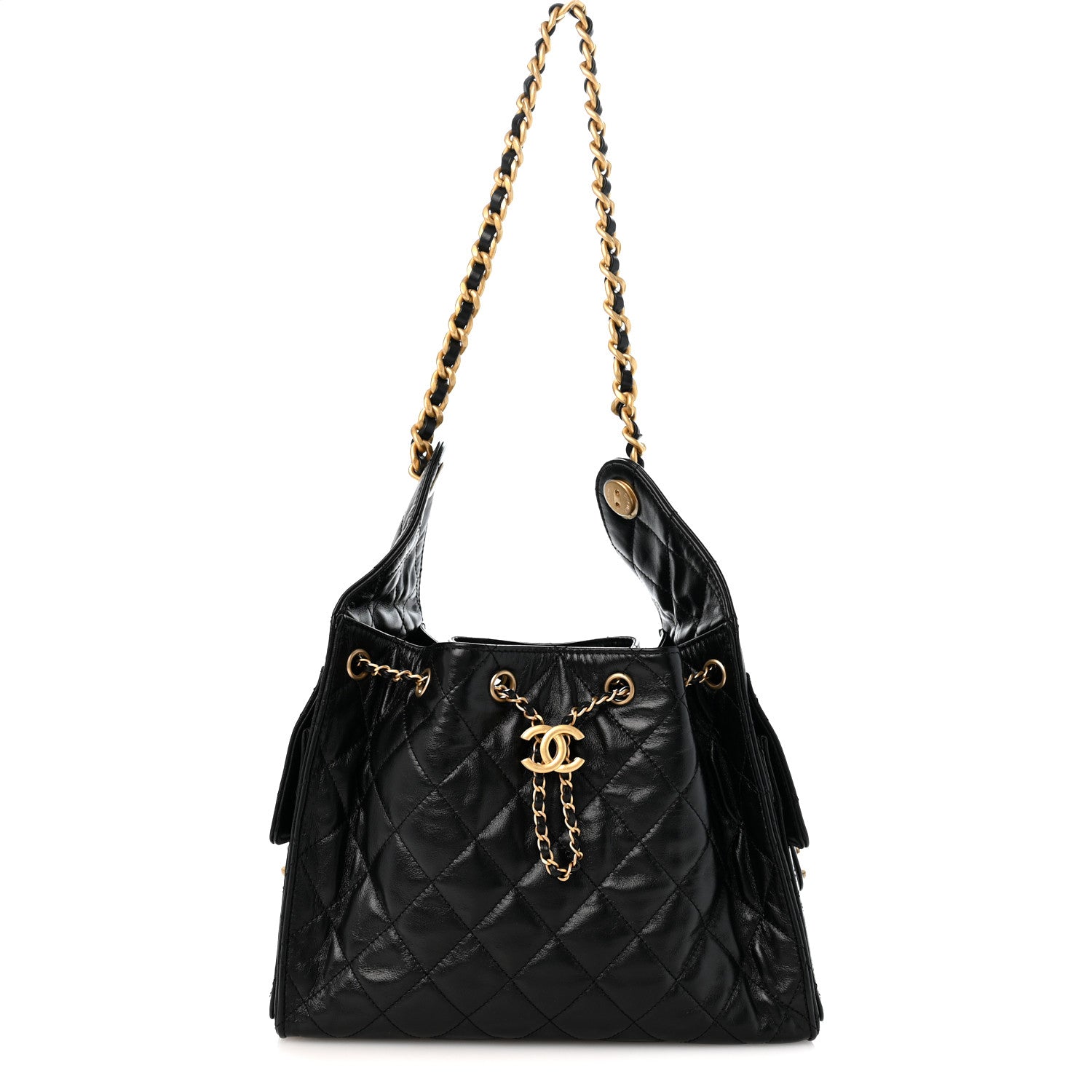 Shiny Crumpled Calfskin Quilted Medium Chanel 25 Handbag Black