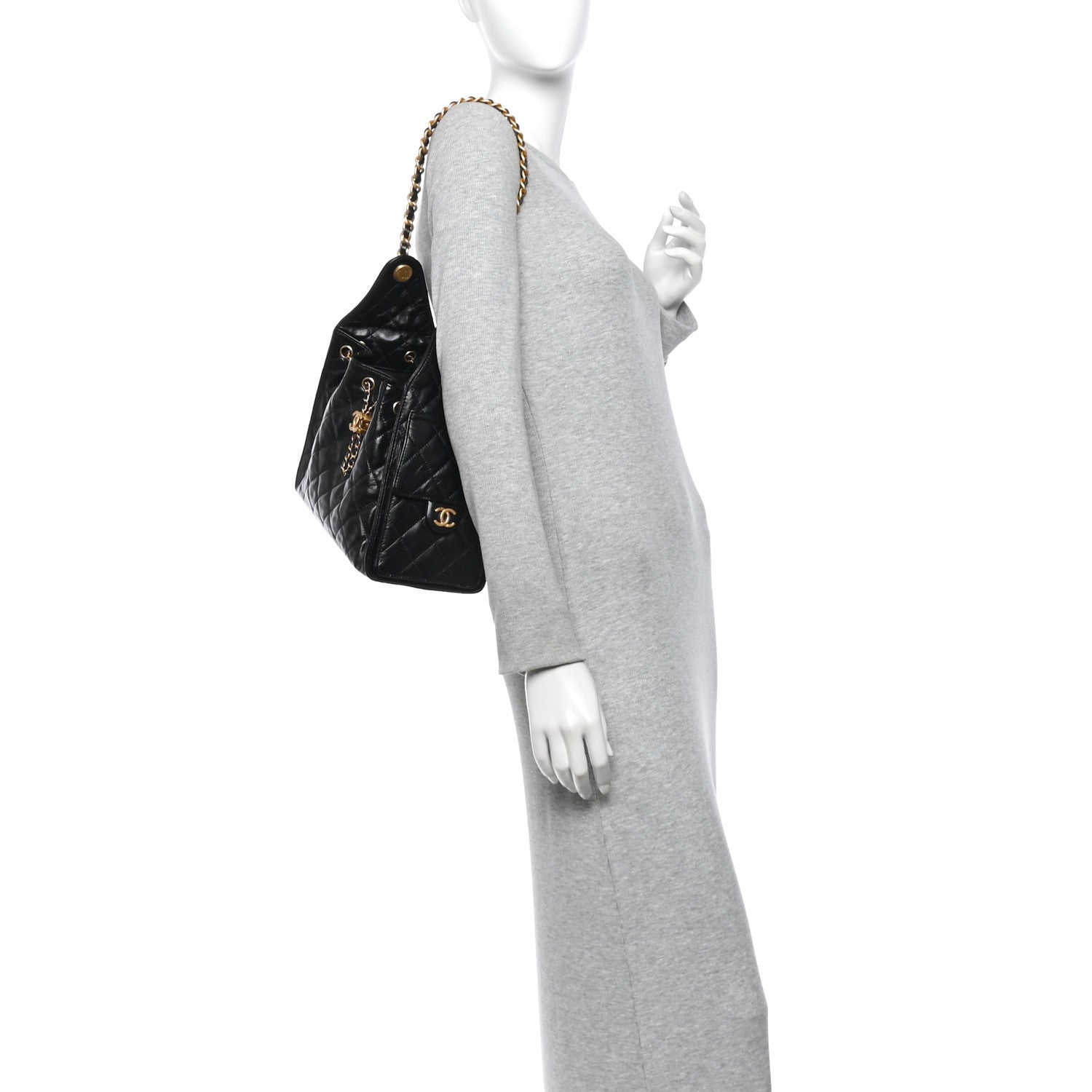 Shiny Crumpled Calfskin Quilted Medium Chanel 25 Handbag Black — view 2