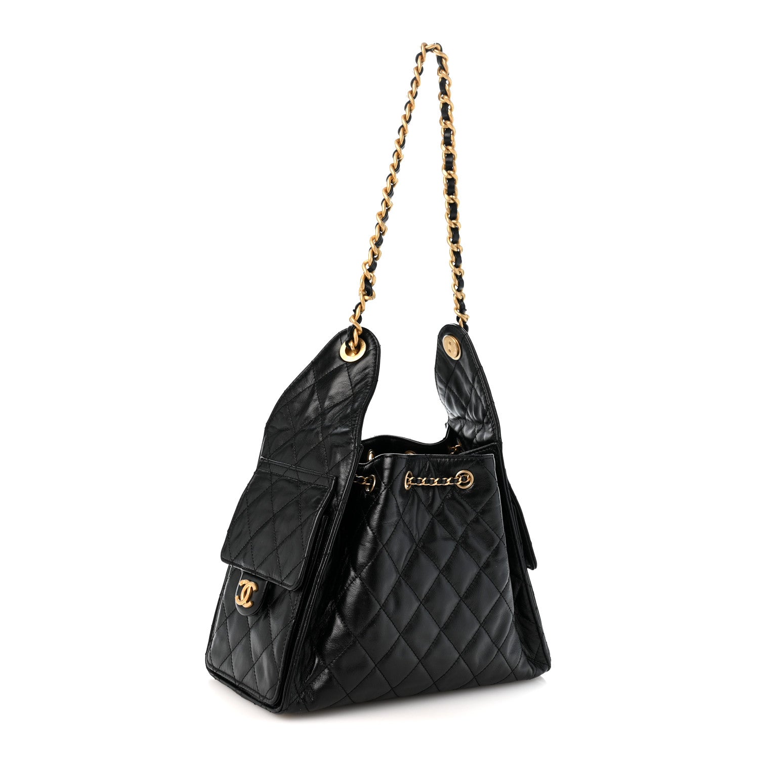Shiny Crumpled Calfskin Quilted Medium Chanel 25 Handbag Black — view 3