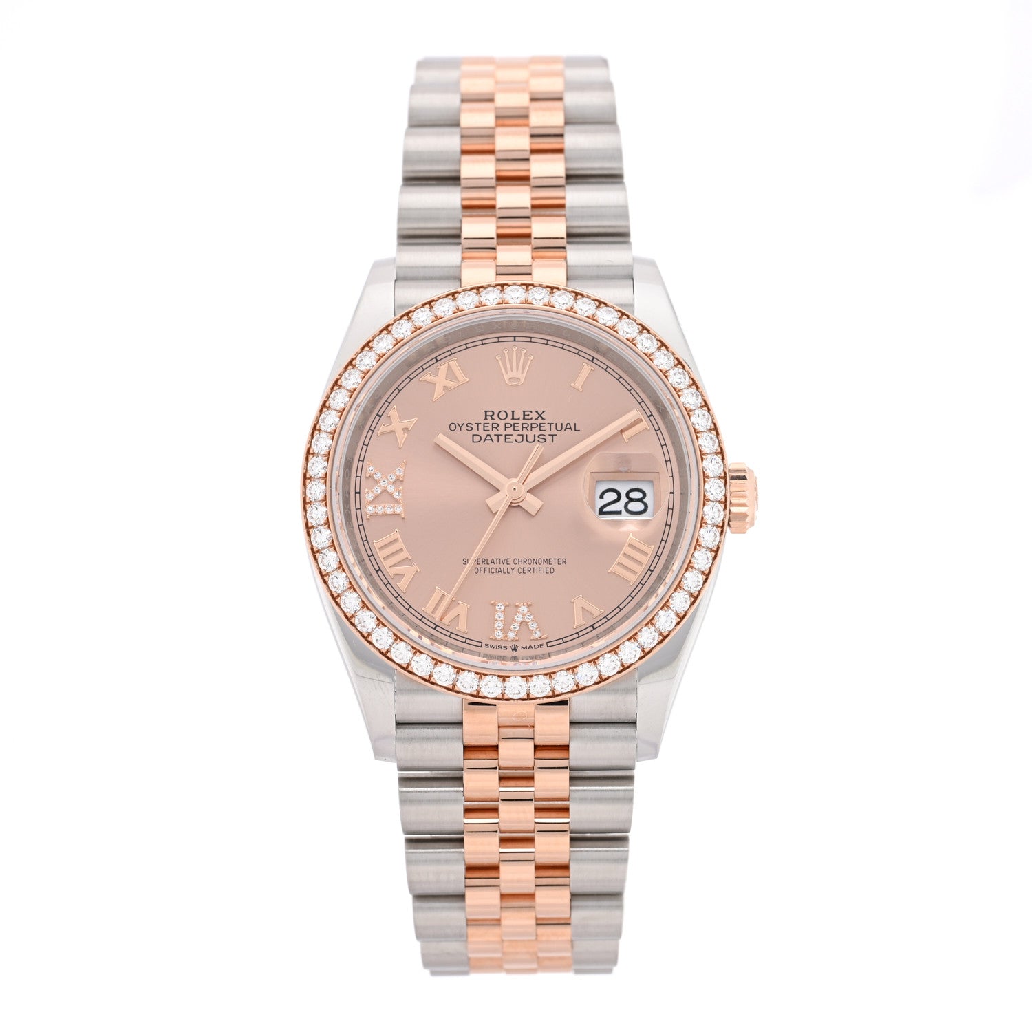 Stainless Steel 18K Everose Gold Diamond Bezel  36mm Oyster Perpetual Datejust Watch Pink Roman 126281RBR