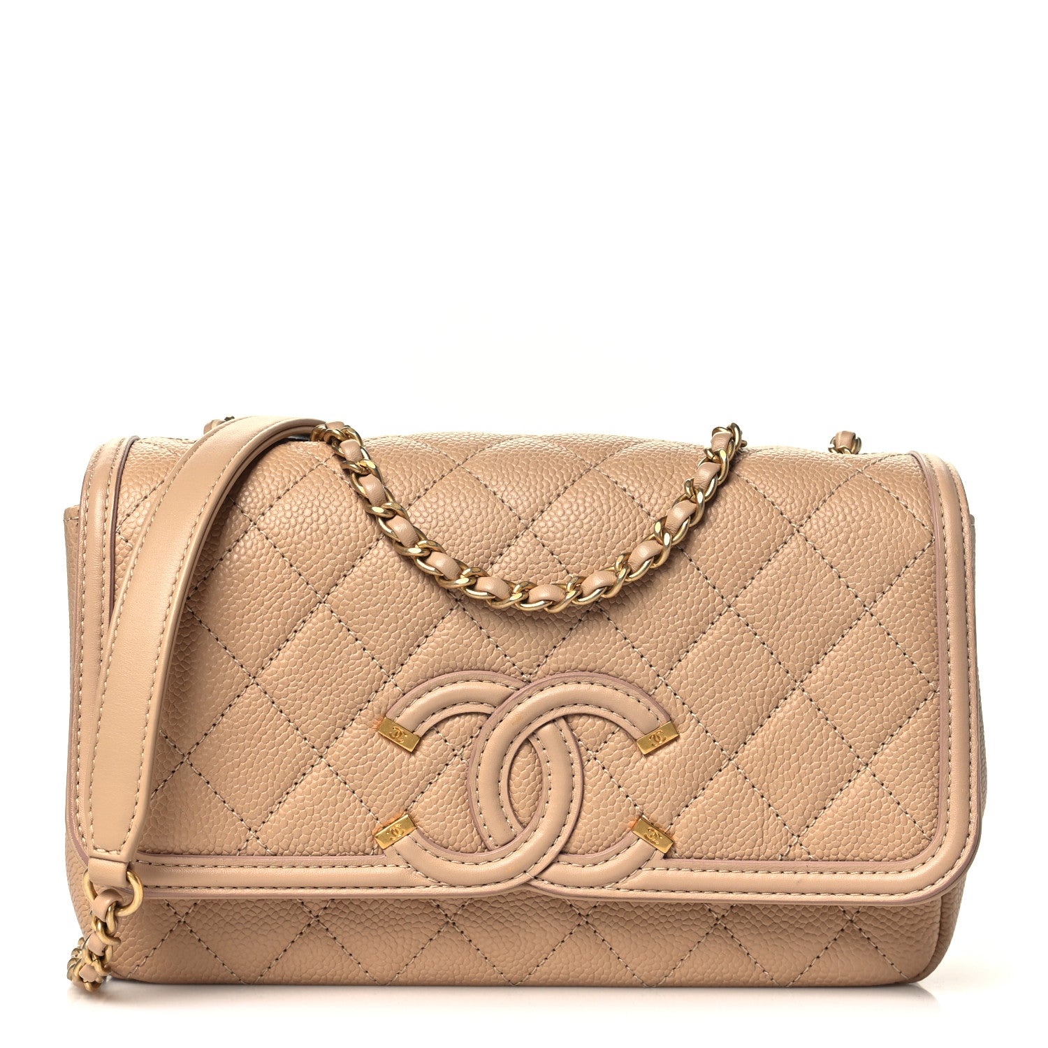 Caviar Quilted Small CC Filigree Flap Beige