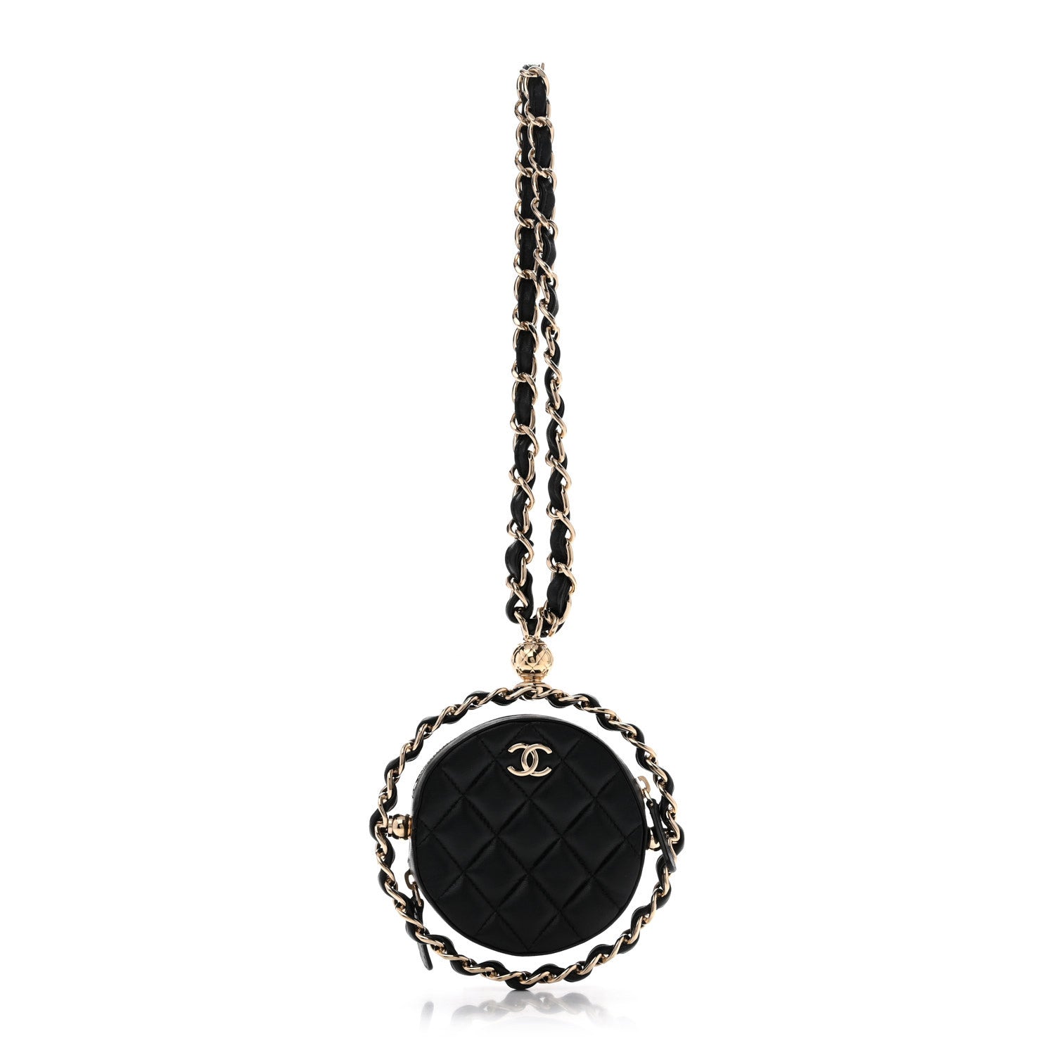 Lambskin Quilted Chain Round Mini Clutch Black