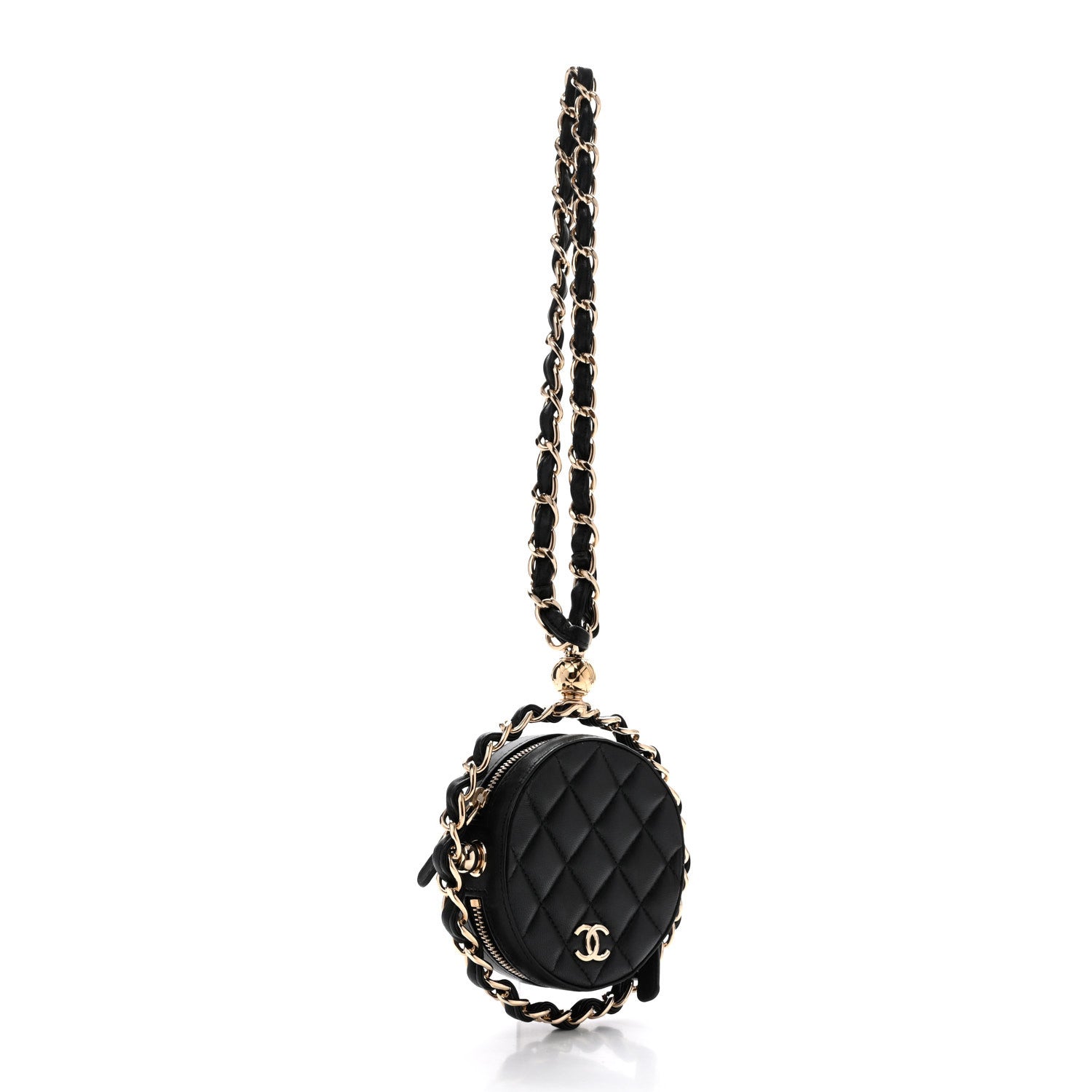 Lambskin Quilted Chain Round Mini Clutch Black — view 3