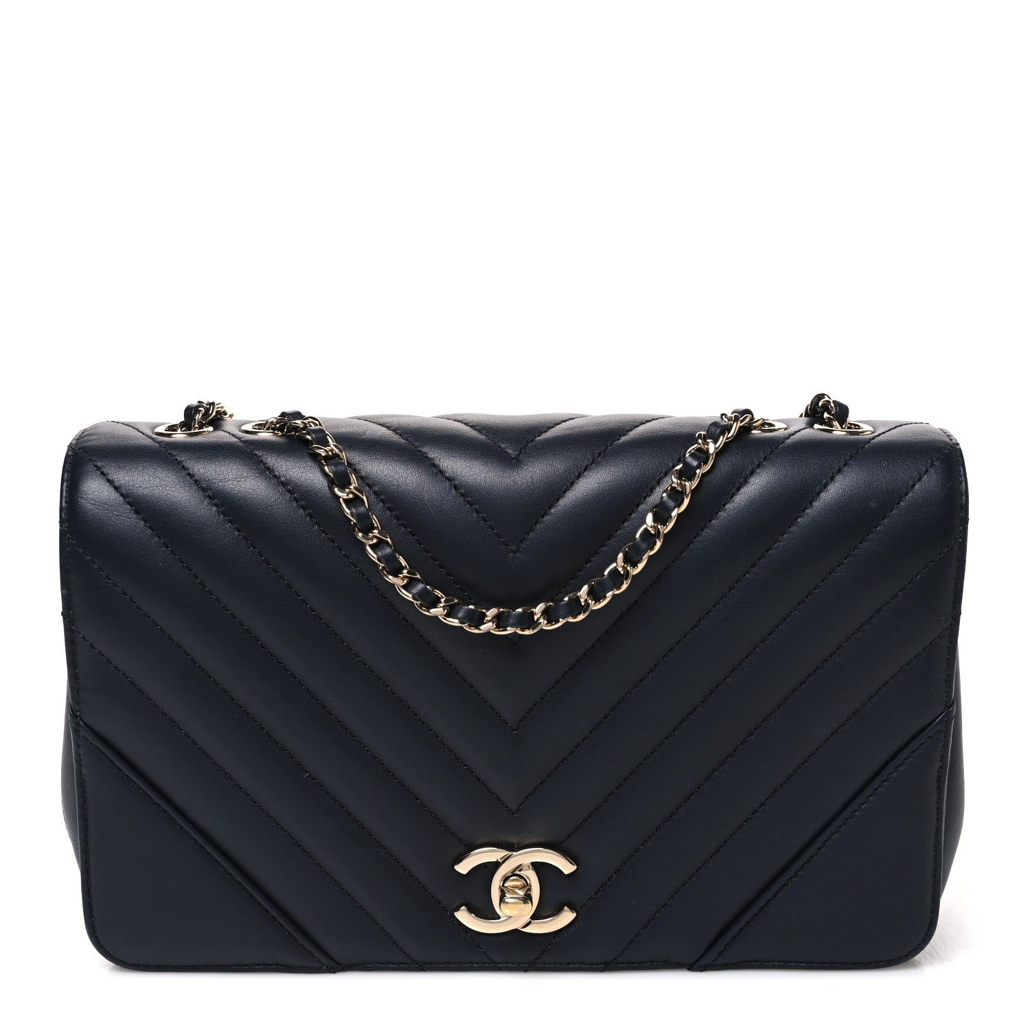 Calfskin Chevron Quilted Small Statement Flap Navy