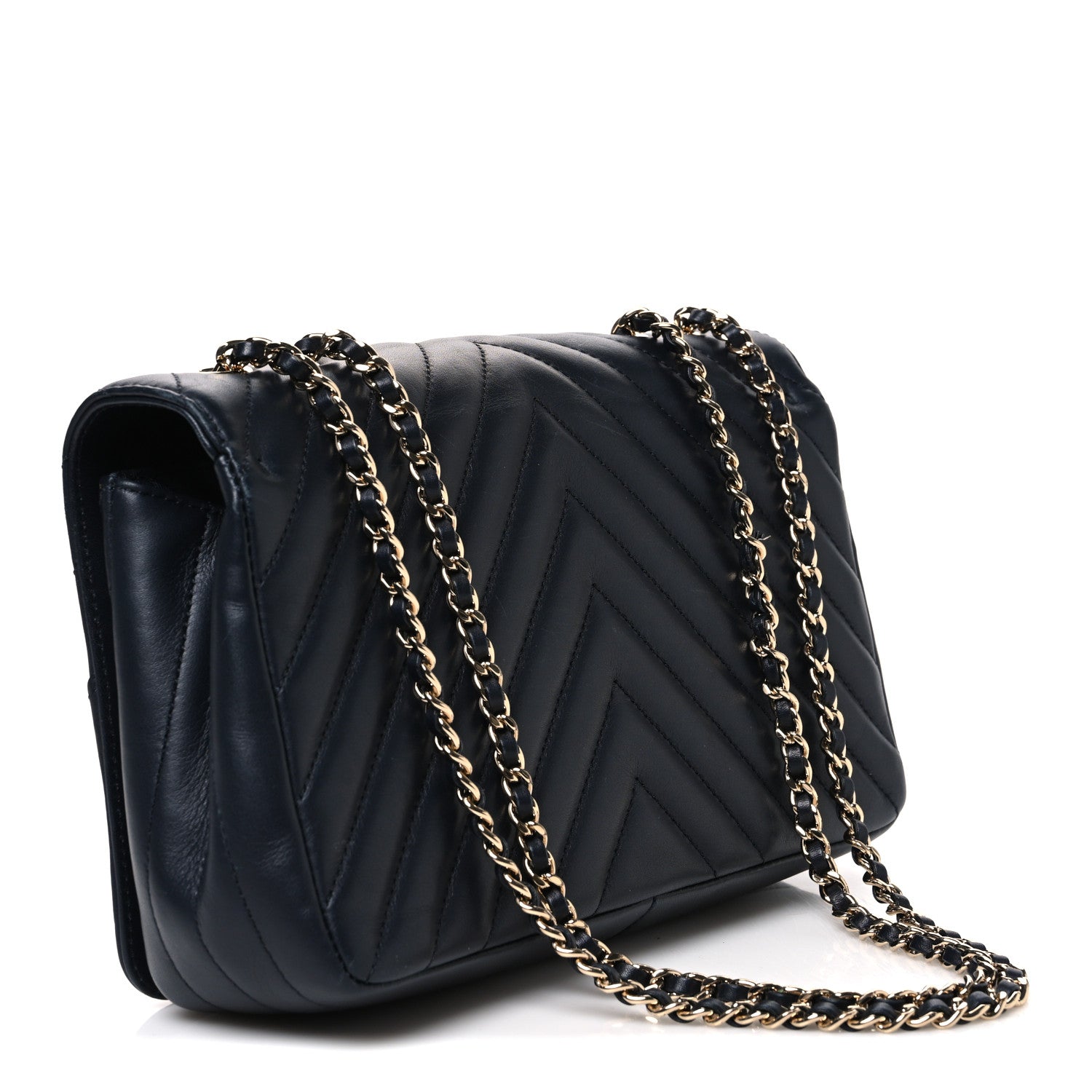 Calfskin Chevron Quilted Small Statement Flap Navy — view 3
