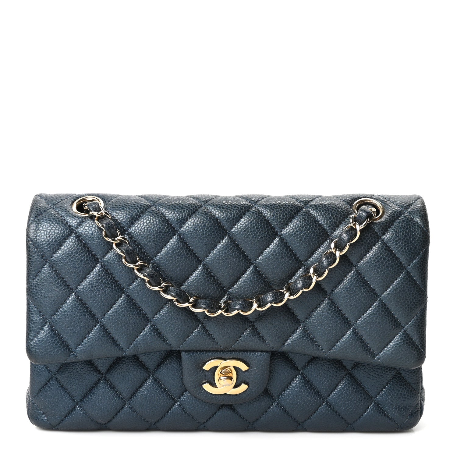 Metallic Caviar Quilted Medium Double Flap Dark Blue