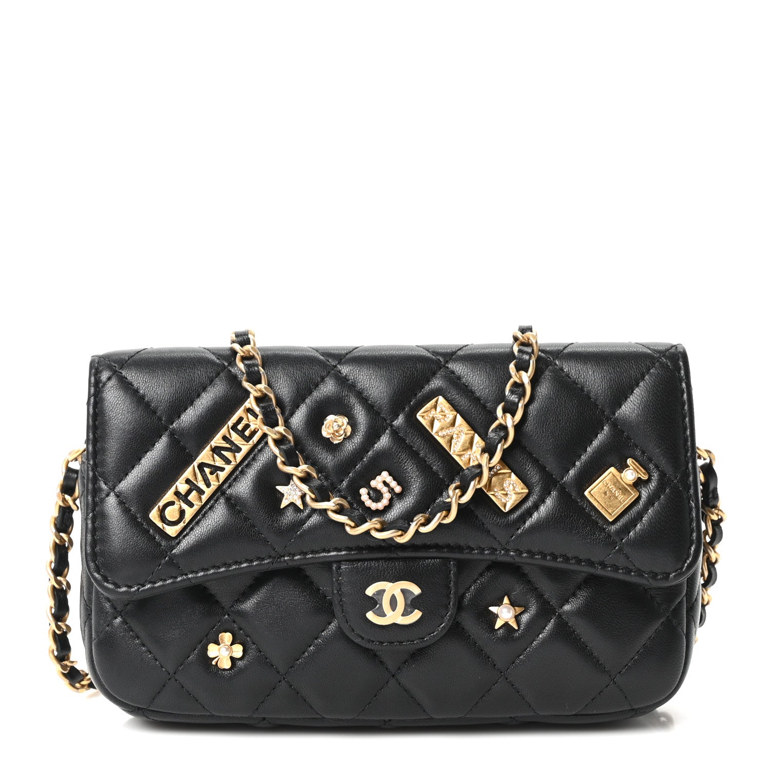 Lambskin Quilted Charm Flap Phone Holder With Chain Black