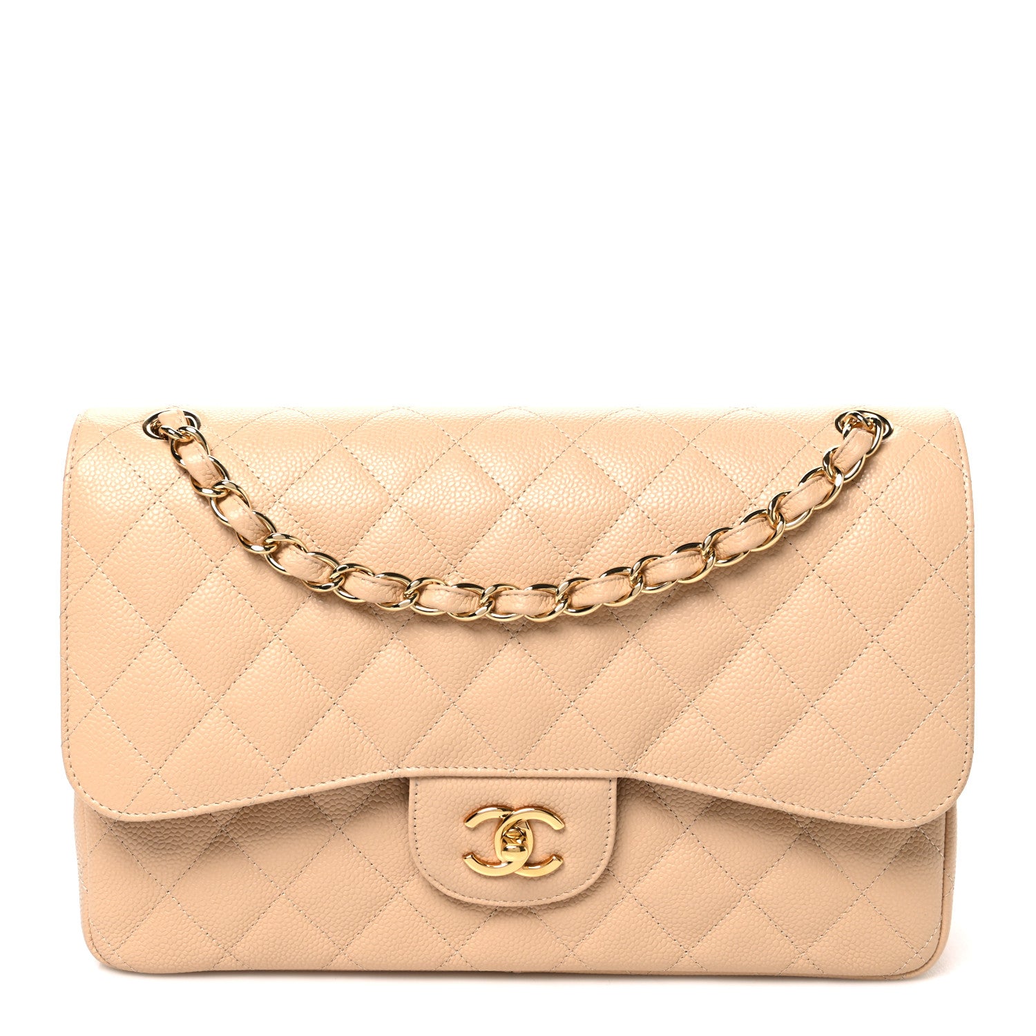 Caviar Quilted Jumbo Double Flap Beige Clair
